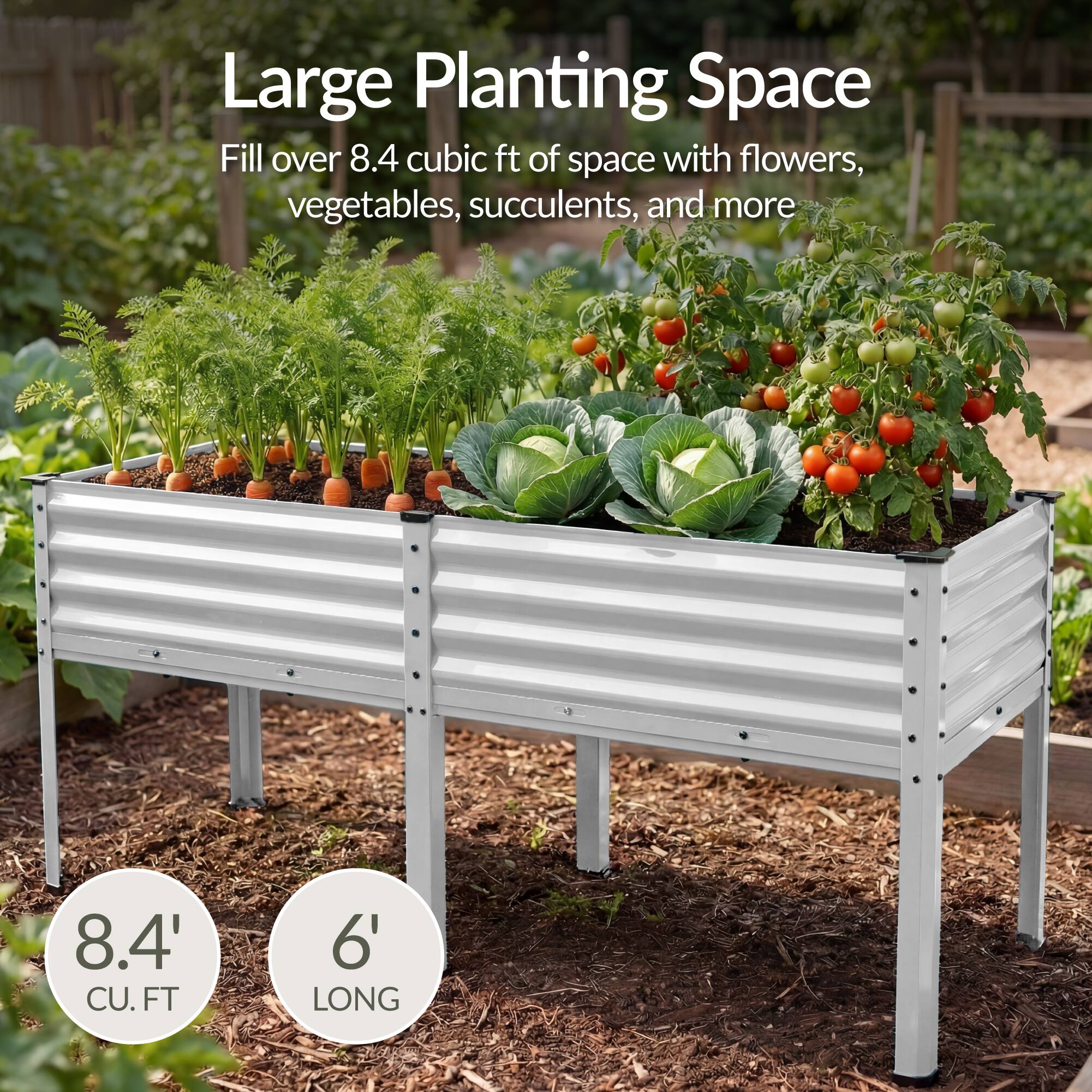 Large Planting Space  
Fill over 8.4 cubic ft of space with flowers, vegetables, succulents, and more  

8.4' CU. FT  
6' LONG