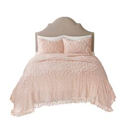 Gracie Mills - Ray Boho Tufted Cotton Chenille Medallion Fringe Coverlet Set - Blush