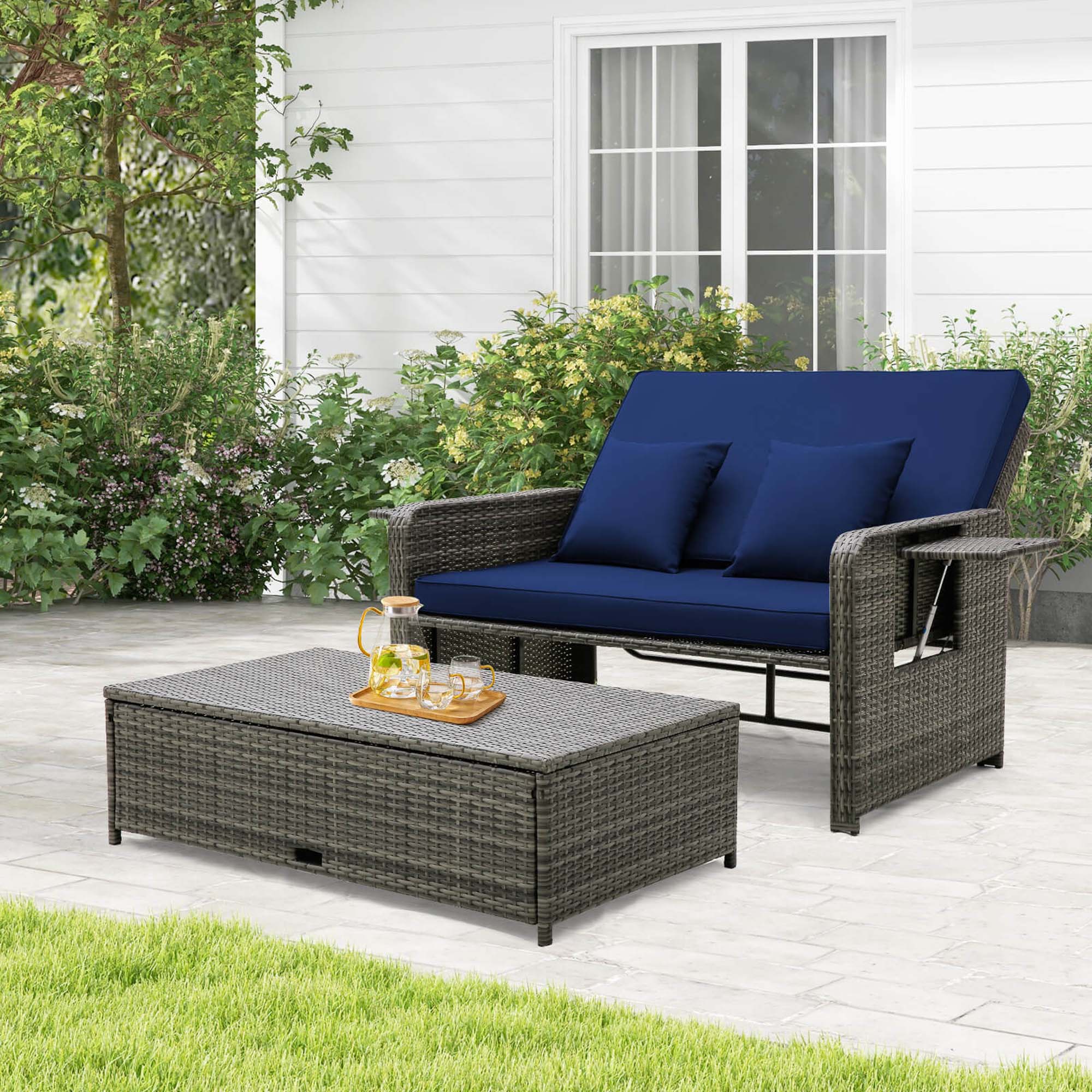 Alt View 1. Costway - Wicker Loveseat Sofa Set Patio Rattan Daybed with Ottoman & Retractable Side Tray - Mix Gray,Navy.