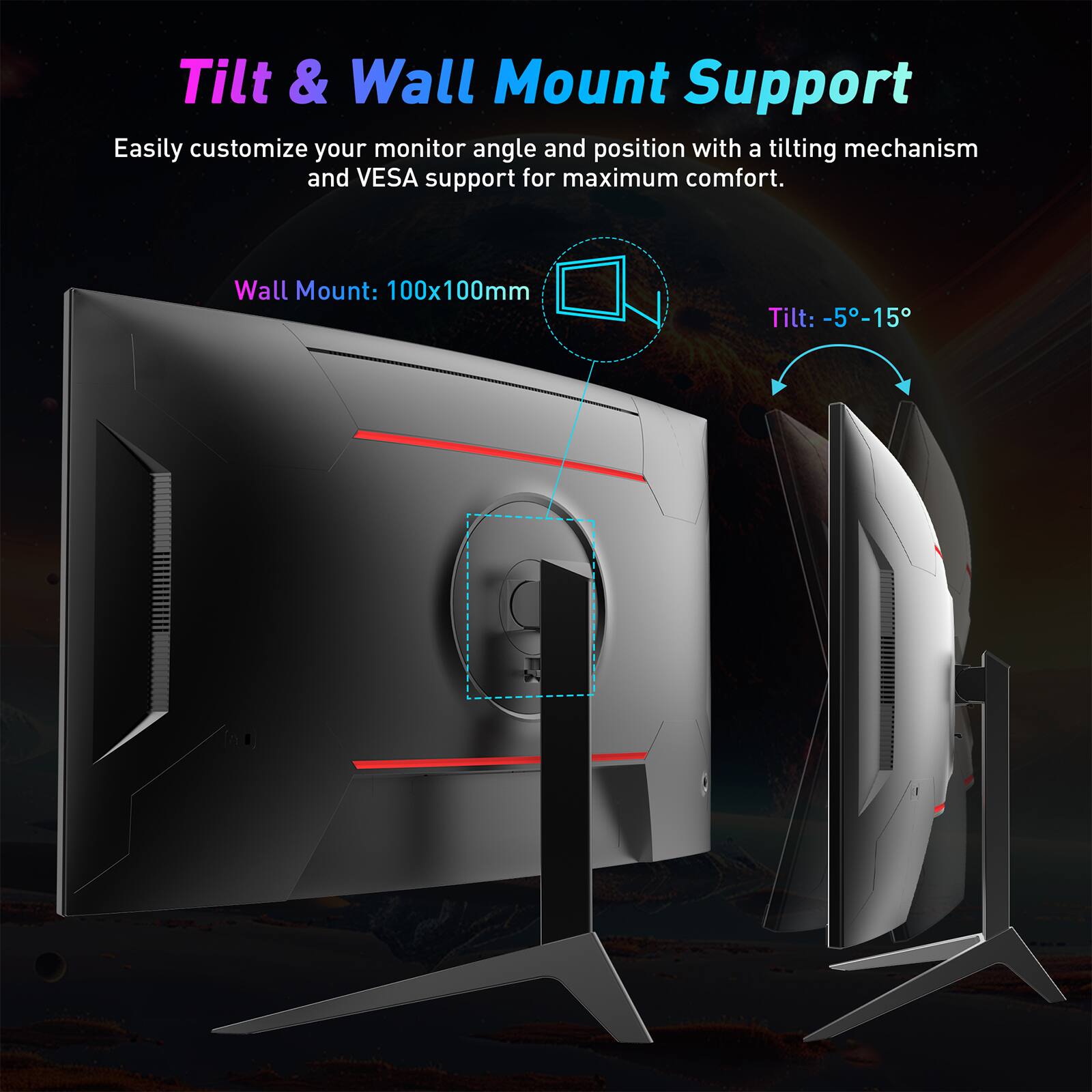 Tilt & Wall Mount Support: Easily customize your monitor angle and position with a tilting mechanism and VESA support for maximum comfort. Wall Mount: 100x100mm Tilt: -5° to 15°