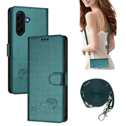 Front. Dteck - Cat Pattern Crossbody Wallet Case for Samsung Galaxy A37 5G with Card Slots, RFID PU Leather Protective Stand Cover - Darkgreen.