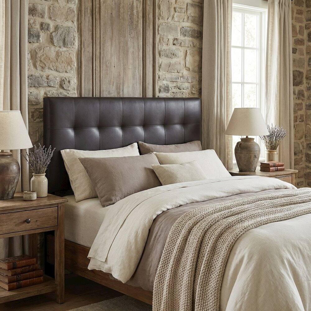 Angle. FurniFact - Upholstered Vinyl Queen Headboard with Padded Design and Durable Finish - Brown.