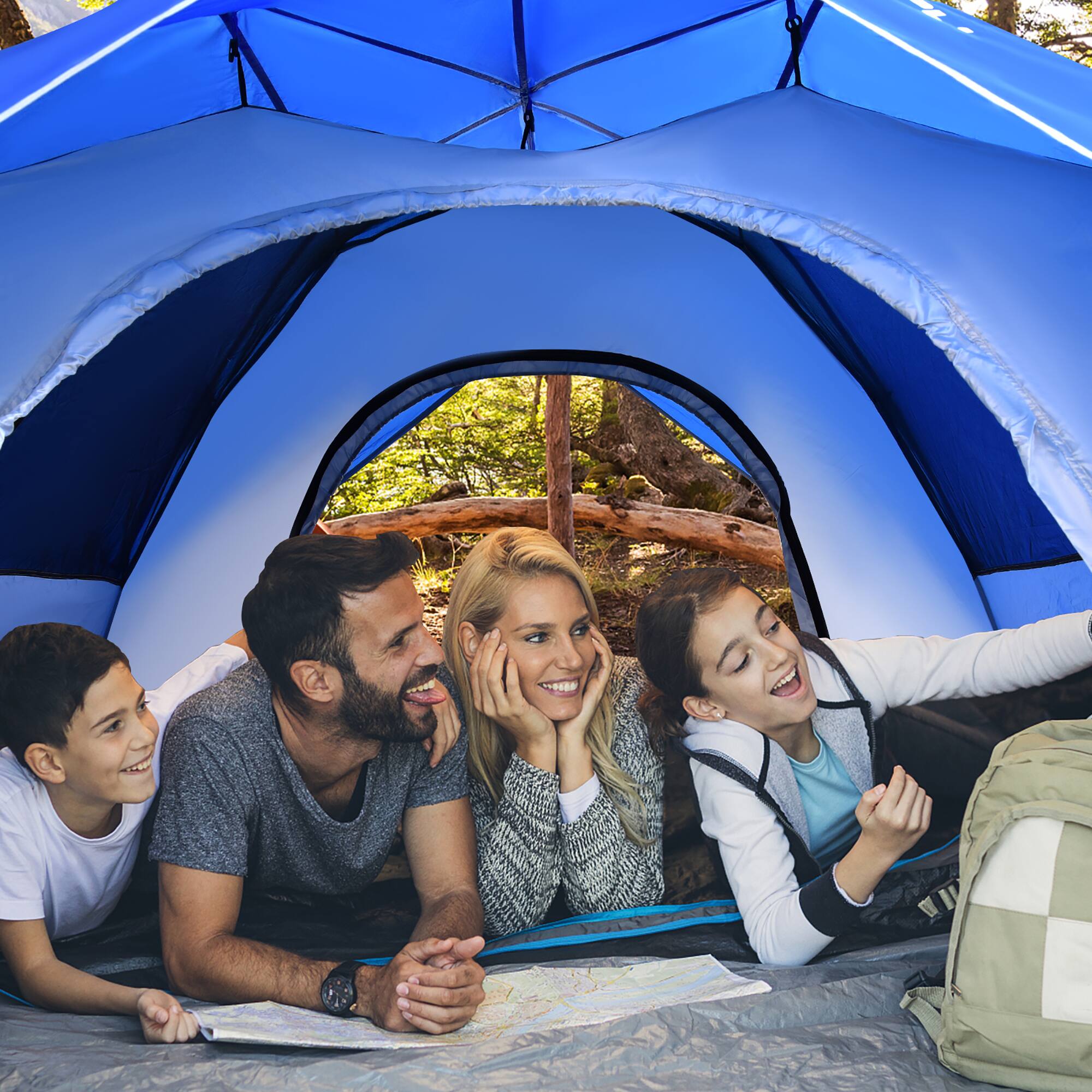 Left. Costway - 4 Person Instant Pop-up Camping Tent 2-in-1 Double-Layer Waterproof Tent - Blue.