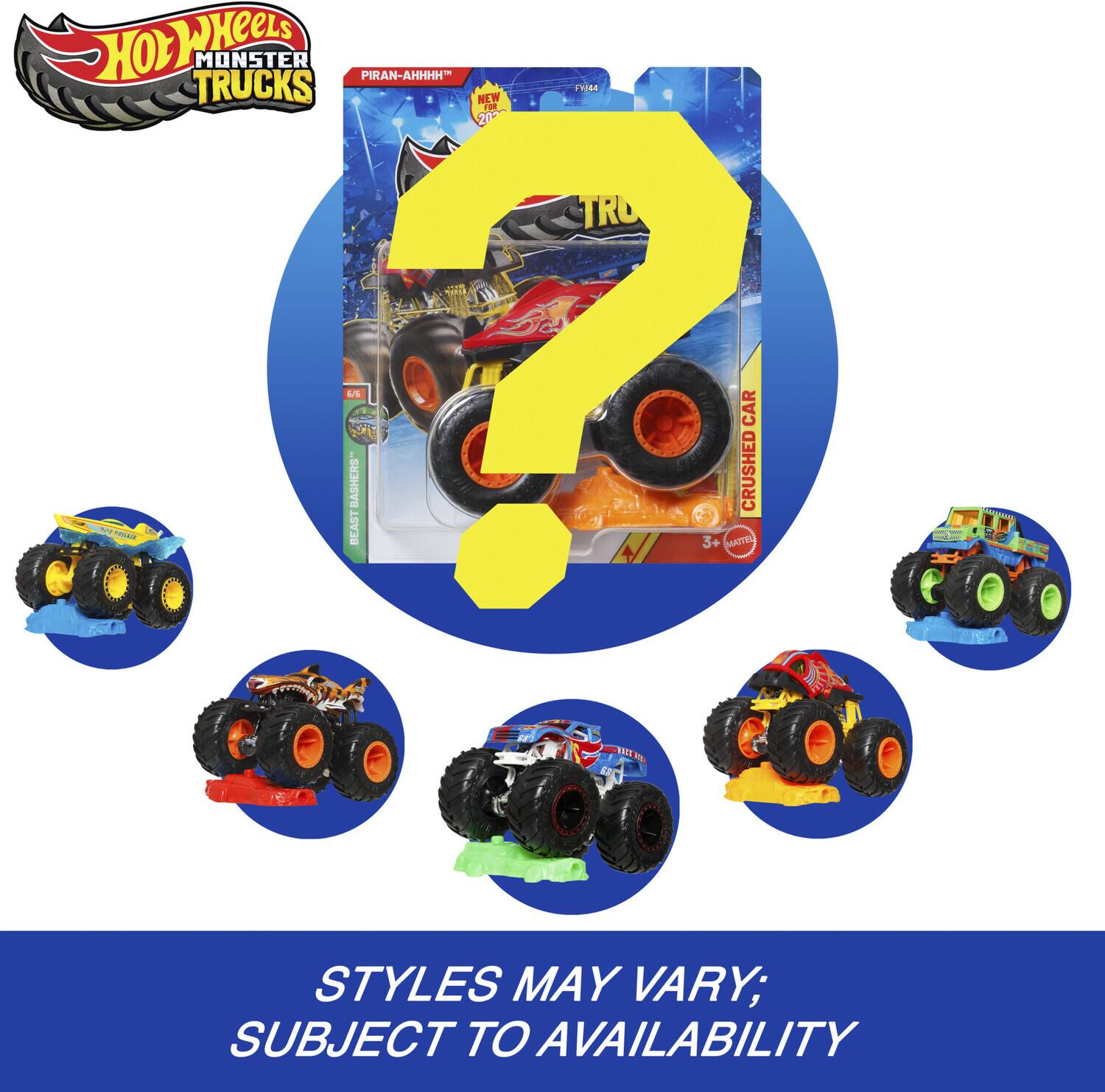 Hot Wheels Monster Trucks Piran-AHHHH FYJ44 New for 2022 Tru Prover 2 Beast Basher a/s Mattel Car Crushed Car  
Styles May Vary; Subject to Availability
