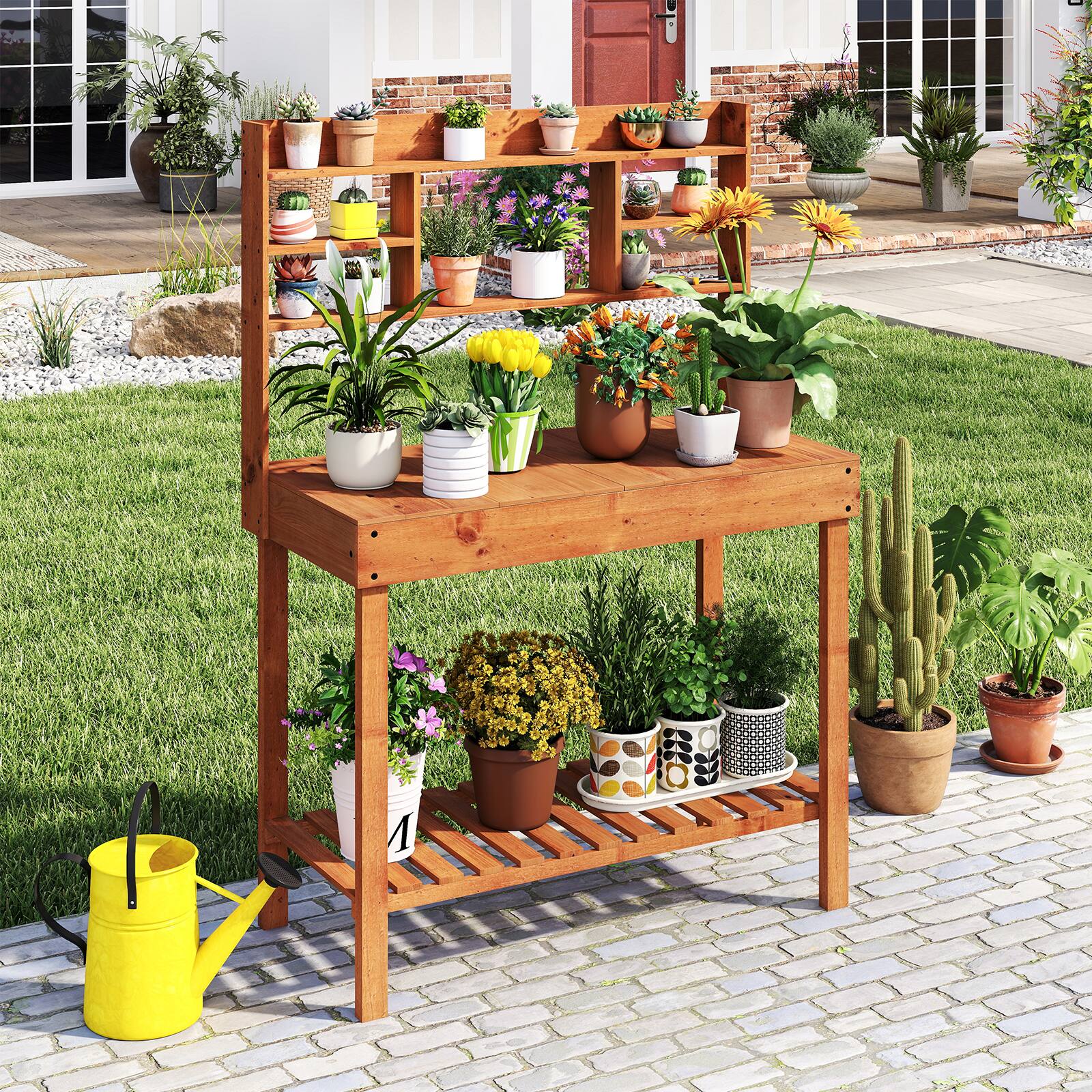 Alt View 1. Gymax - Gymax 61'' Wooden Potting Bench Table w/3-Tier Open Shelf Flip-up Tabletop for Backyard - Yellow.