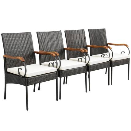 Front. Costway - Costway 4PCS Patio PE Wicker Chairs Acacia Wood Armrests with Soft Zippered Cushion Garden - Mix Brown,Off White.