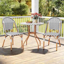 Costway - 3 PCS French Bistro Table Chair Set Wicker Round Table & 2 Dining Chairs - Black + White,Natural
