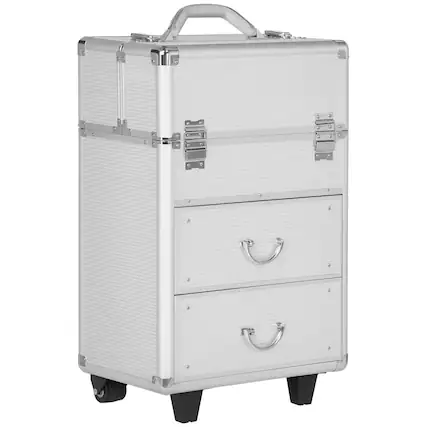 Front. Homcom - Rolling Makeup Train Case, Large Storage Cosmetic Trolley, Lockable Traveling Cart Trunk with Folding Trays.