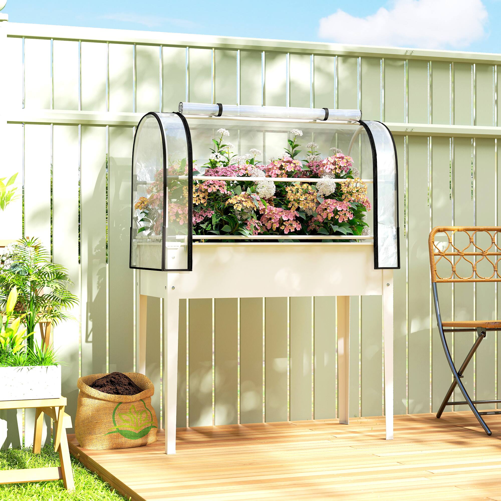 Alt View 1. Outsunny - Raised Garden Bed with Flip-Up Greenhouse Cover, Metal Elevated Garden Bed with Legs and Drainage Hole.