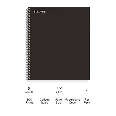 Staples  
5 Subject  
8.5" x 11"  
200 Pages  
College Ruled  
Page Size  
Paperboard Cover  
1 Per Pack