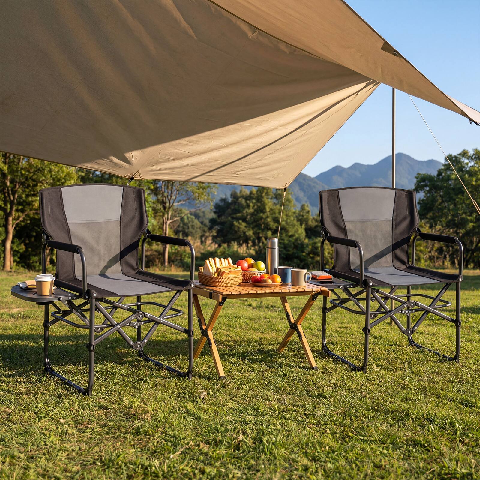 Alt View 3. Costway - Costway 2 PCS Folding Camping Chair with Side Table, Built-in Cup Holder & Carry Bag - Black & Gray.