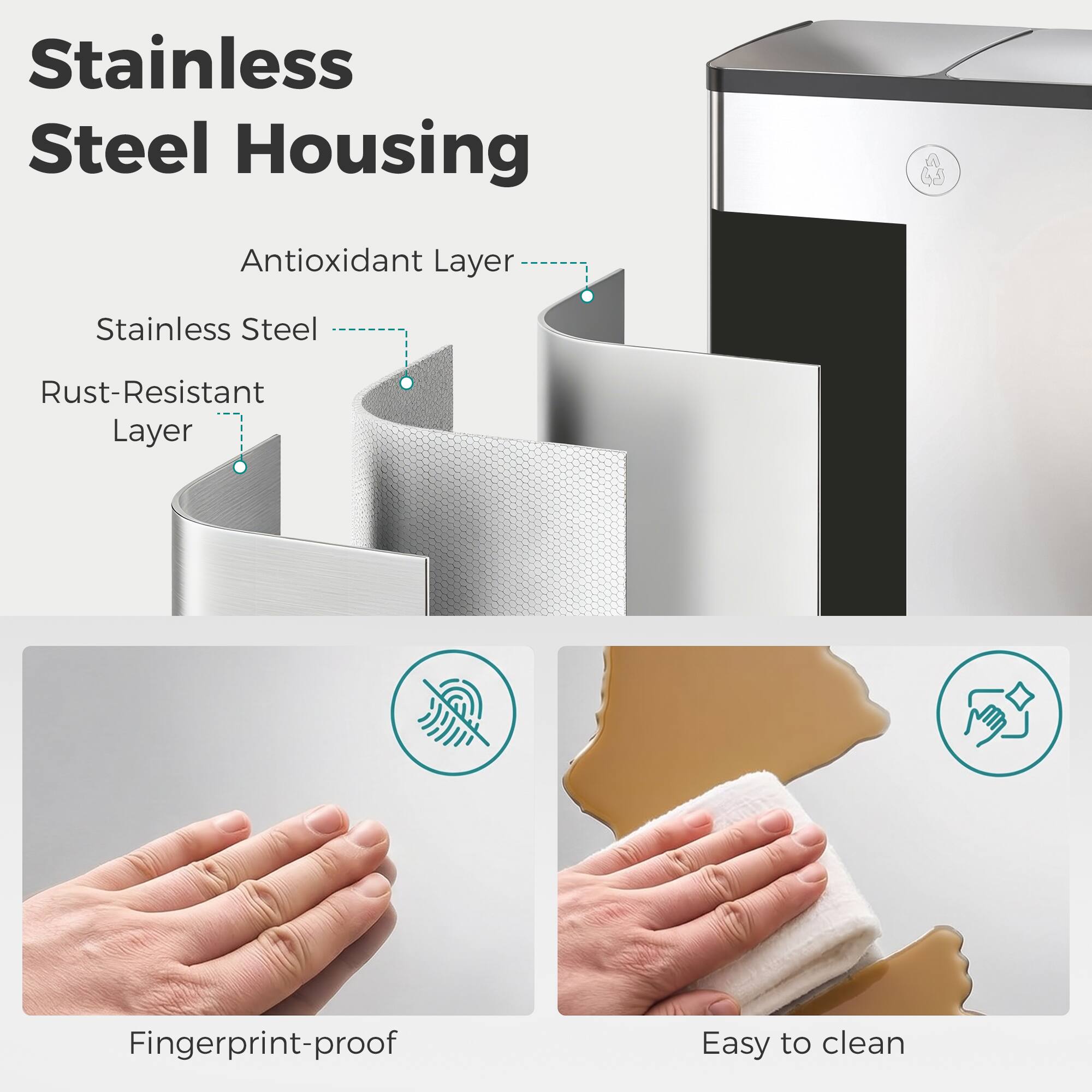 Stainless Steel Housing  
Antioxidant Layer  
Stainless Steel  
Rust-Resistant Layer  
Fingerprint-proof  
Easy to clean