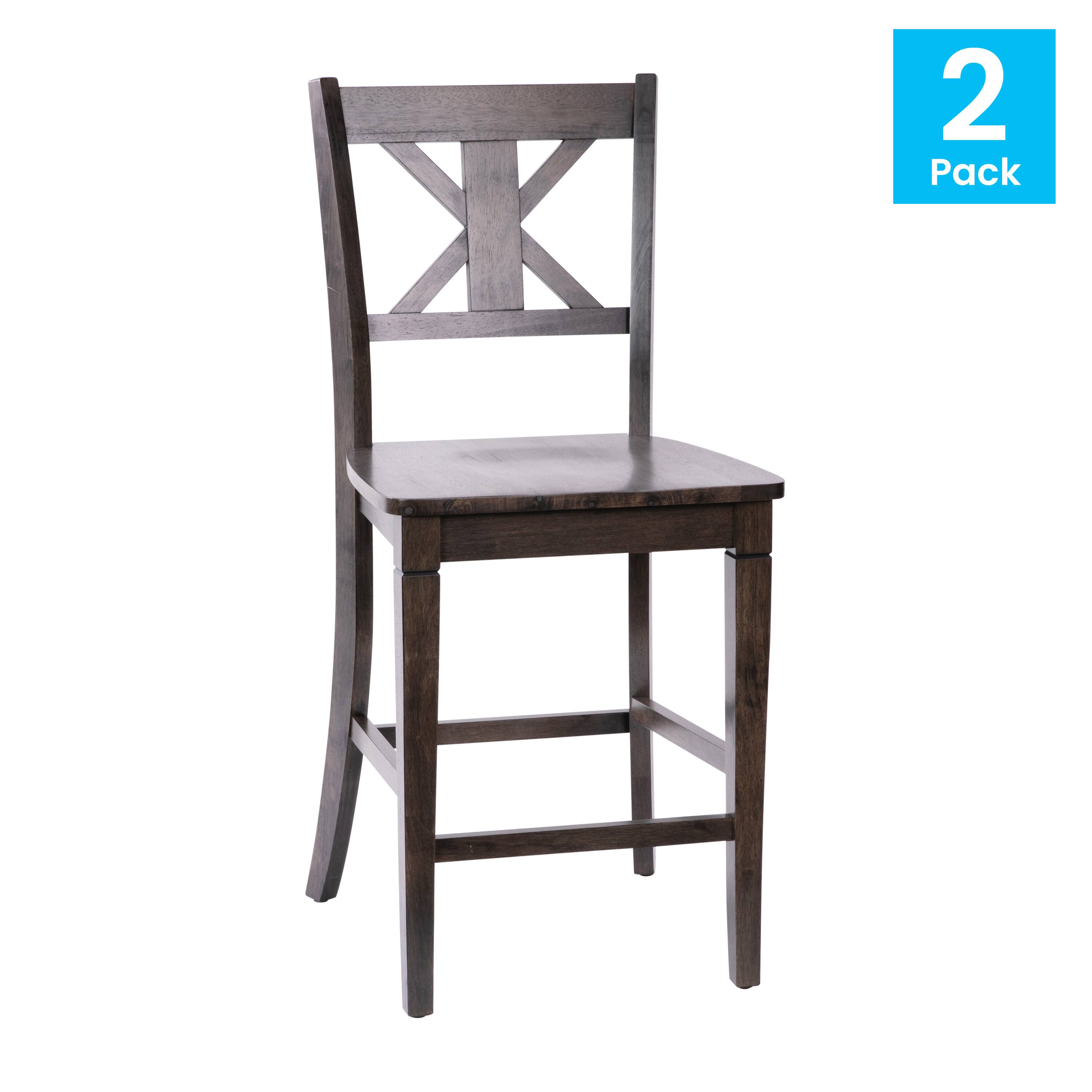 Alt View 2. Emma + Oliver - Lara Set of 2 Wooden Modern Farmhouse Bar Height Dining Stool with Decorative Carved Backrest and Wood Seat - Gray Wash Walnut.