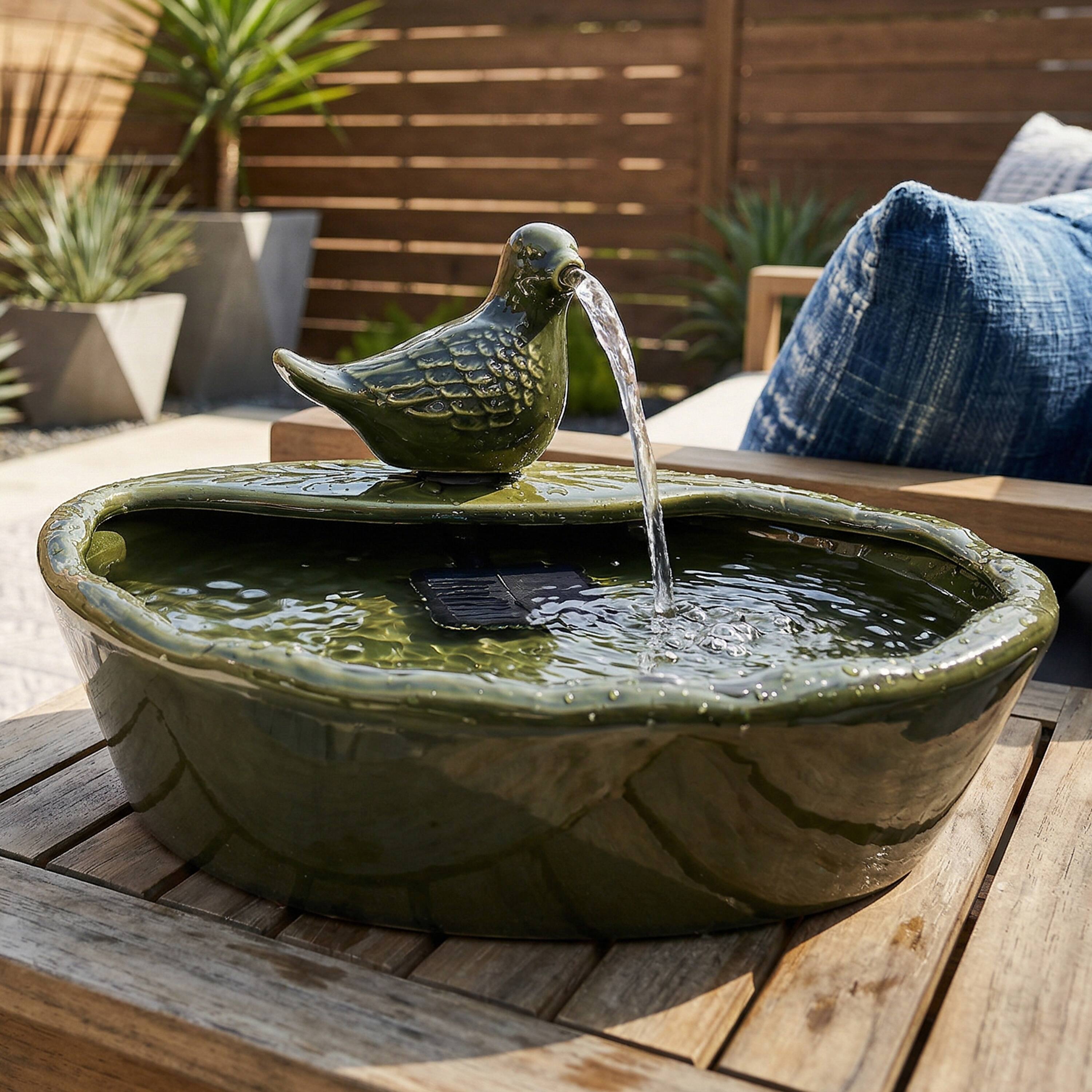 Alt View 8. Sunnydaze - Dove Glazed Ceramic Outdoor Solar Water Fountain - 7 in - Dark Green.