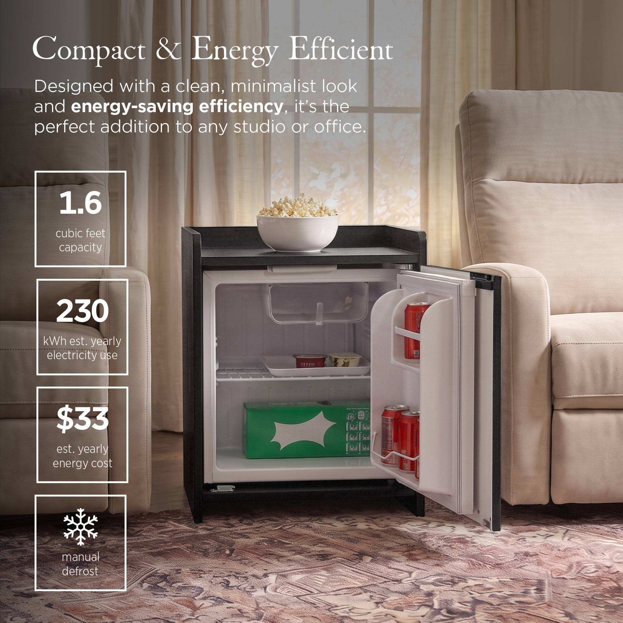 Compact & Energy Efficient  
Designed with a clean, minimalist look and energy-saving efficiency, it's the perfect addition to any studio or office.  

1.6 cubic feet capacity  
230 kWh est. yearly electricity use  
$33 est. yearly energy cost  
manual defrost