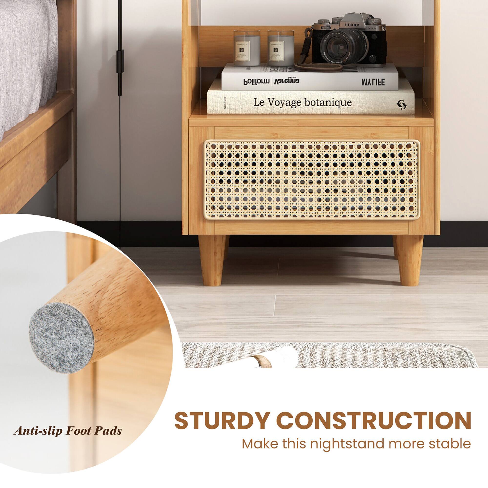 The image shows a nightstand with a wooden frame and a shelf. The shelf is filled with various items, including books, candles, and a camera. The nightstand is described as having a sturdy construction and being made of anti-slip foot pads, which provide stability and prevent accidents. The nightstand is also referred to as a "sturdy construction" and "anti-slip foot pads" in the image description.
