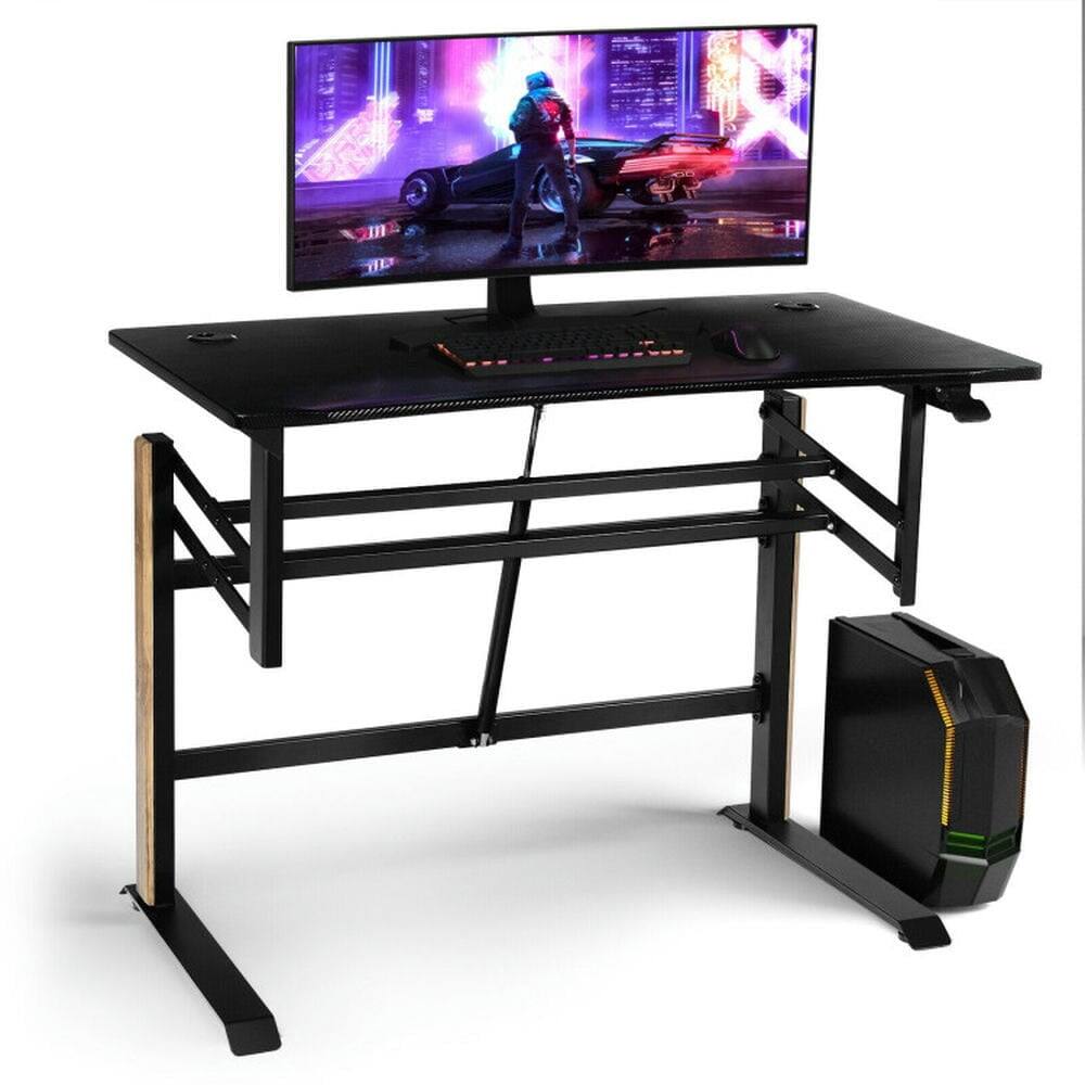 Front. Pefilos - Pneumatic Height Adjustable Gaming Desk T Shaped Game Station with Power Strip Tray-Black, Office Desk, Desks, Working - Black.