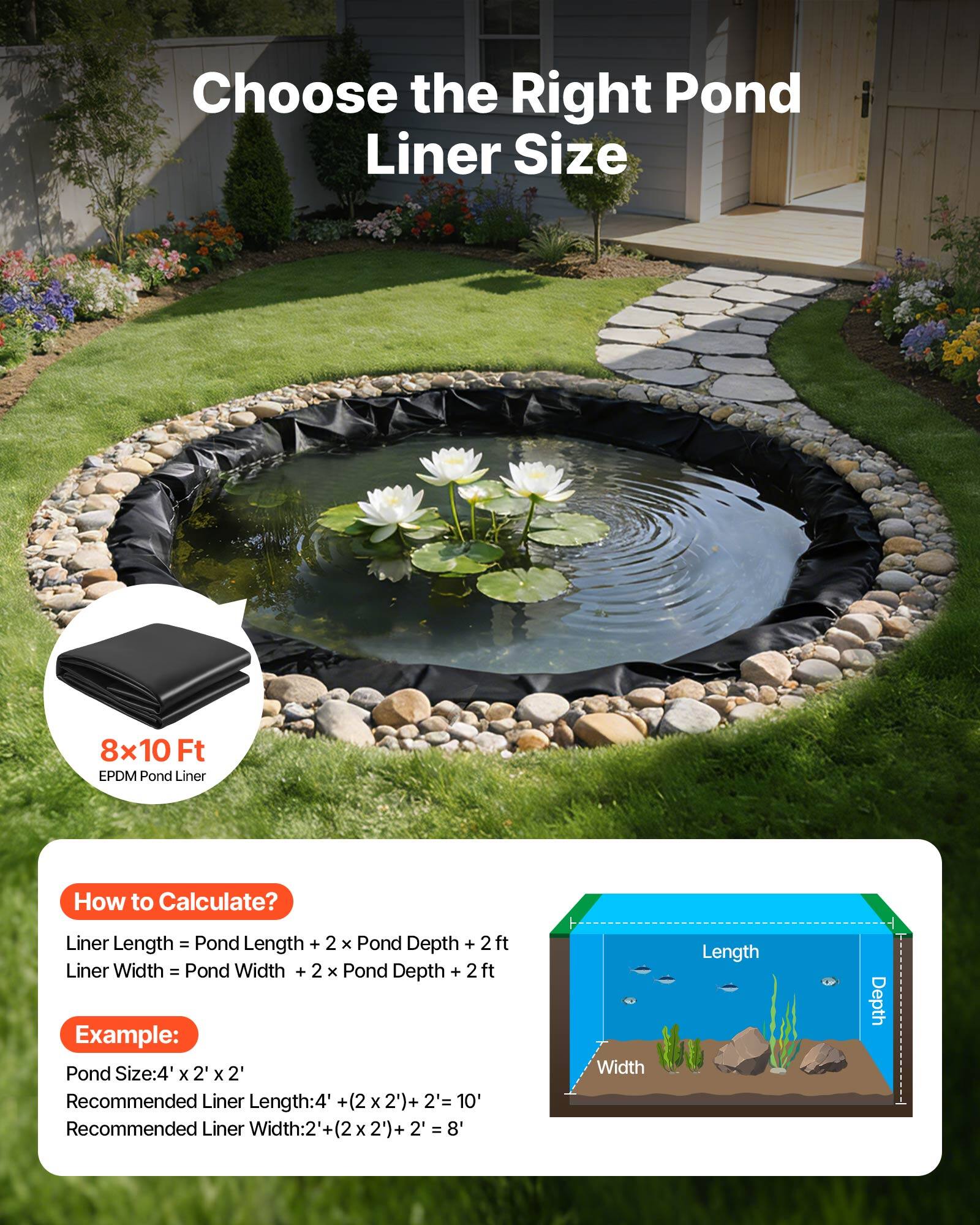 Choose the Right Pond Liner Size

8x10 Ft EPDM Pond Liner

How to Calculate?
Liner Length = Pond Length + 2 x Pond Depth + 2 ft
Liner Width = Pond Width + 2 x Pond Depth + 2 ft

Example:
Pond Size: 4' x 2' x 2'
Recommended Liner Length: 4' + (2 x 2') + 2' = 10'
Recommended Liner Width: 2' + (2 x 2') + 2' = 8'

Width Length Depth