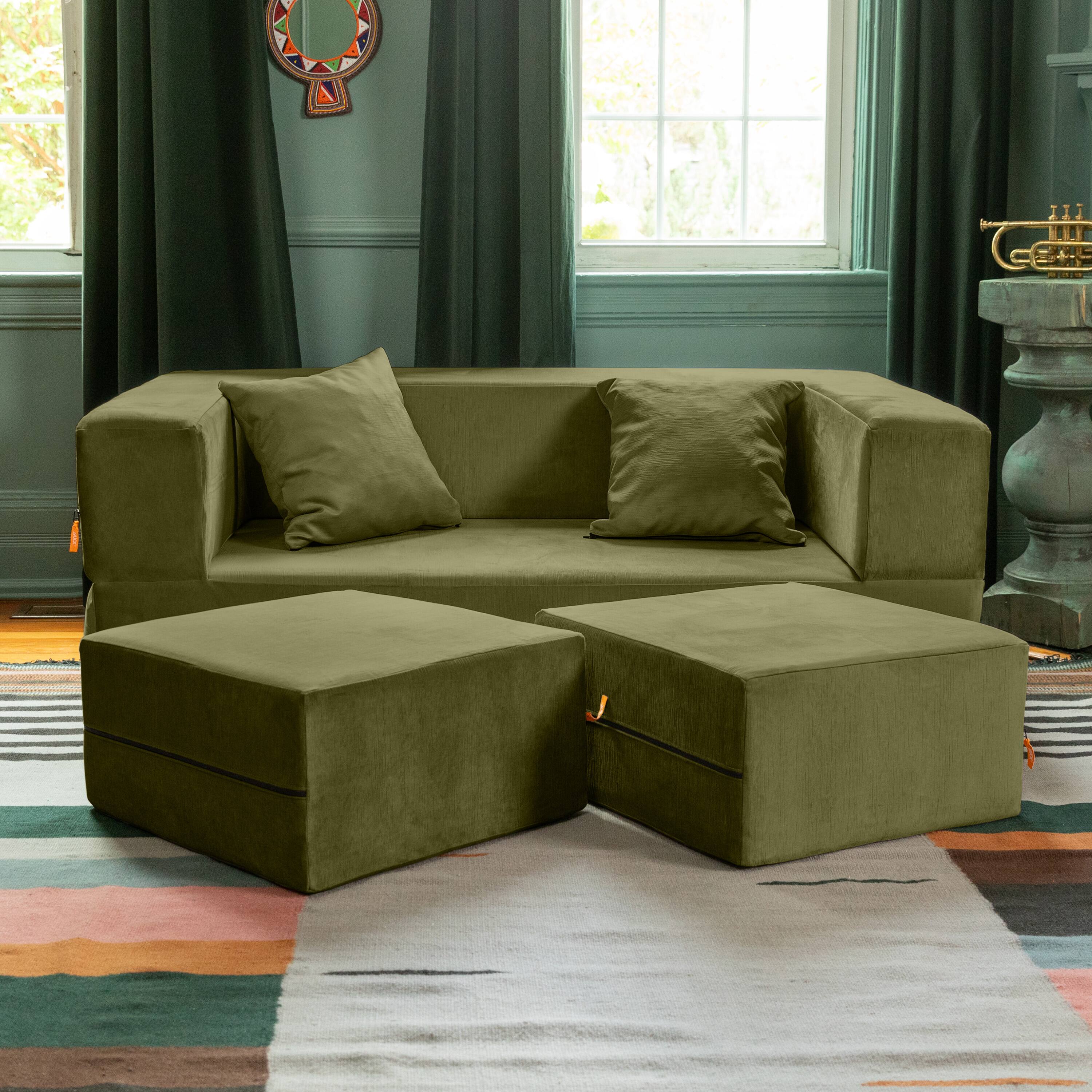 Alt View 1. Jaxx - Jaxx Zipline Convertible Sleeper Loveseat & Ottomans, Textured Microvelvet - Moss - Moss.