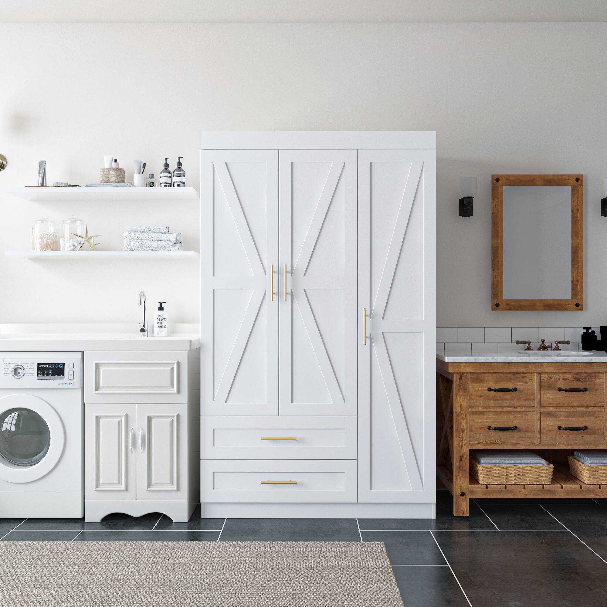 APRILSOUL - Shaker Style Classic Three-Door Wardrobe Wood Bedroom Armoire with Hanging Rod and Shelves - White