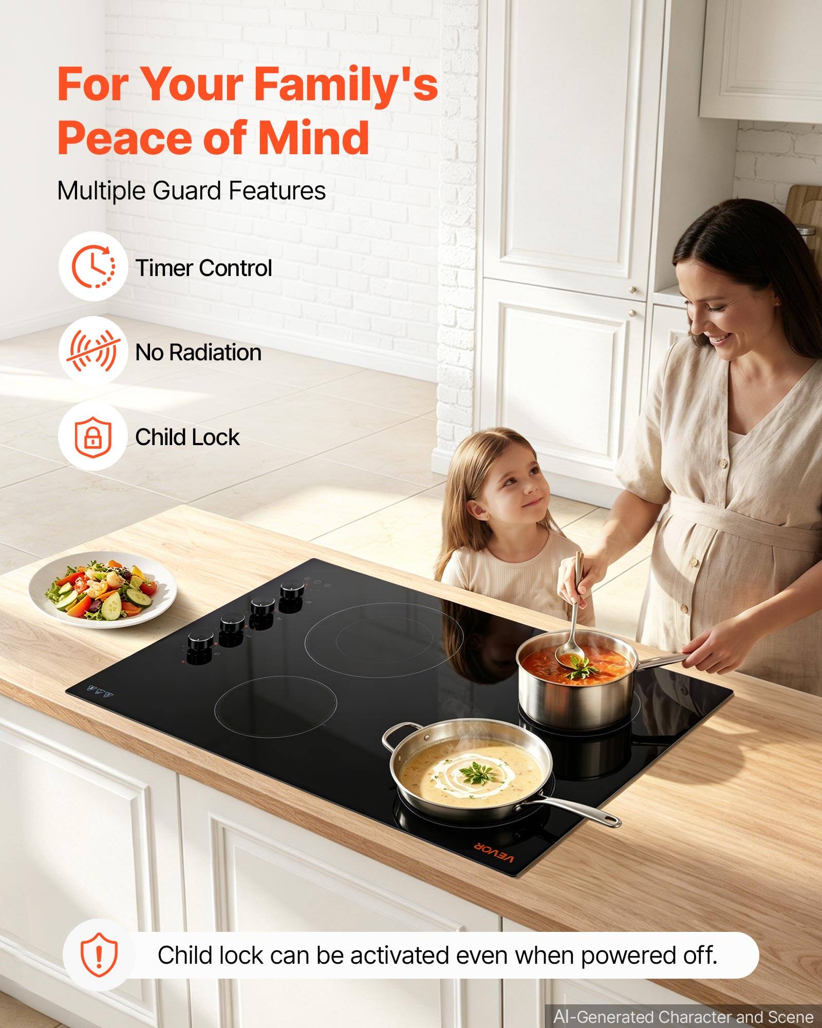 For Your Family's Peace of Mind  
Multiple Guard Features  
- Timer Control  
- No Radiation  
- Child Lock  

Child lock can be activated even when powered off.  

AI-Generated Character and Scene