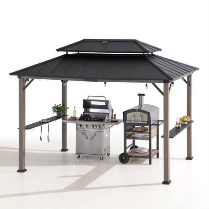 Front. SUNJOY - Sunjoy 8ft. x 12 ft. Larger Ventilated Roof Premium Cedar Framed Grill Gazebo with DC Solar Power - Churchill Cedar+DC Solar Power+Black.