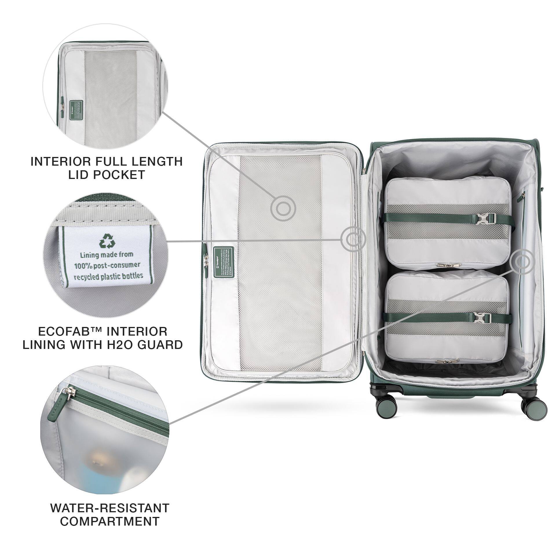 INTERIOR FULL LENGTH LID POCKET

Lining made from 100% post-consumer recycled plastic bottles

ECOFAB™ INTERIOR LINING WITH H2O GUARD

WATER-RESISTANT COMPARTMENT