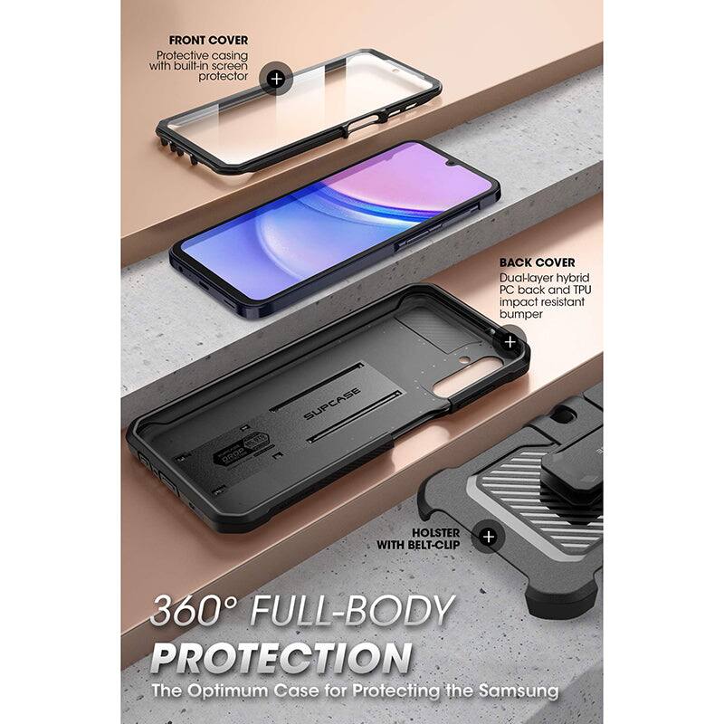 FRONT COVER  
Protective casing with built-in screen protector  

BACK COVER  
Dual-layer hybrid PC back and TPU impact resistant bumper  

HOLSTER WITH BELT-CLIP  

360° FULL-BODY PROTECTION  
The Optimum Case for Protecting the Samsung