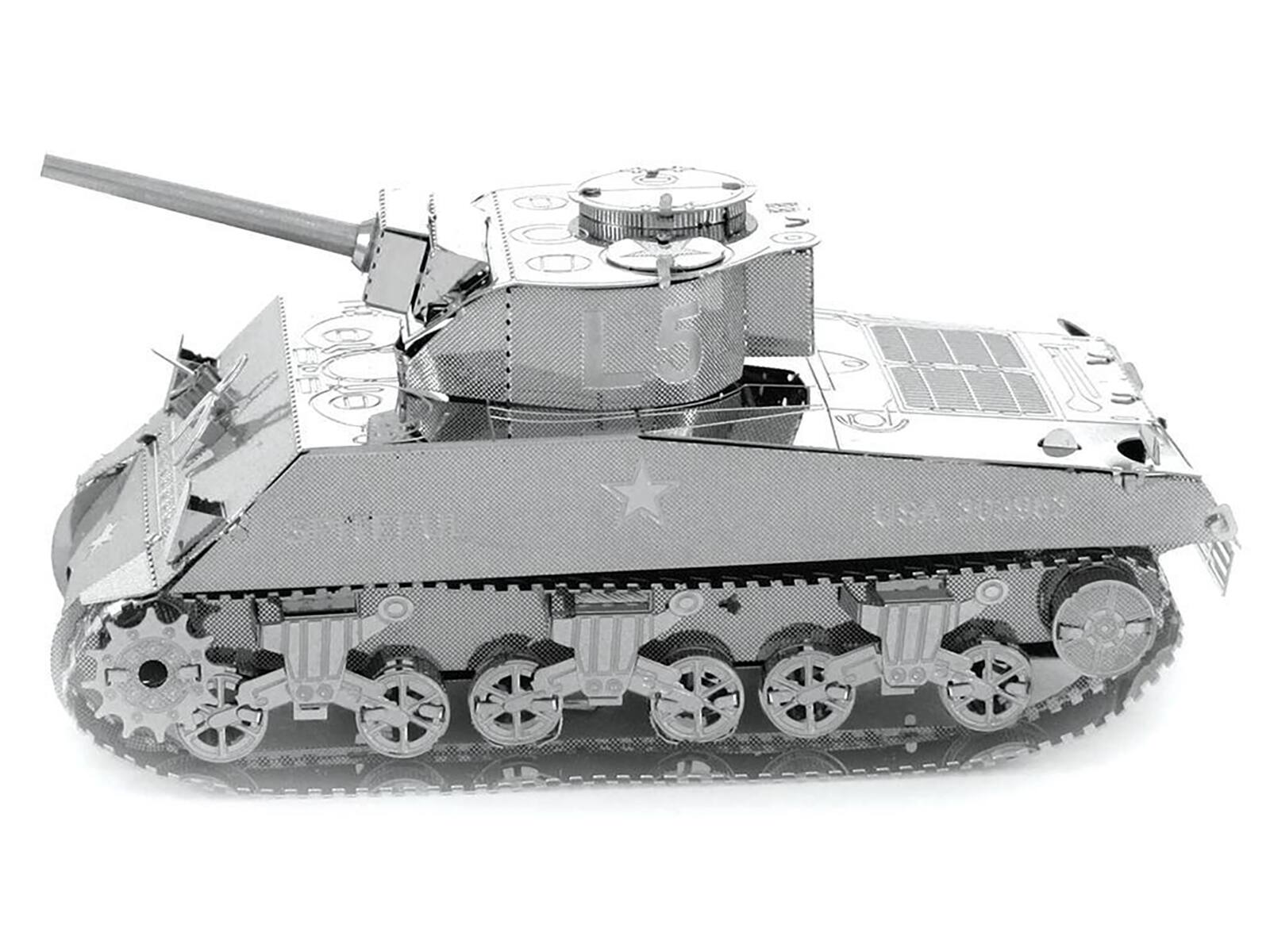 Angle. Metal Earth - Model Kit American Sherman Tank (Moderate Difficulty) Steel Model by Metal Earth - Silver.
