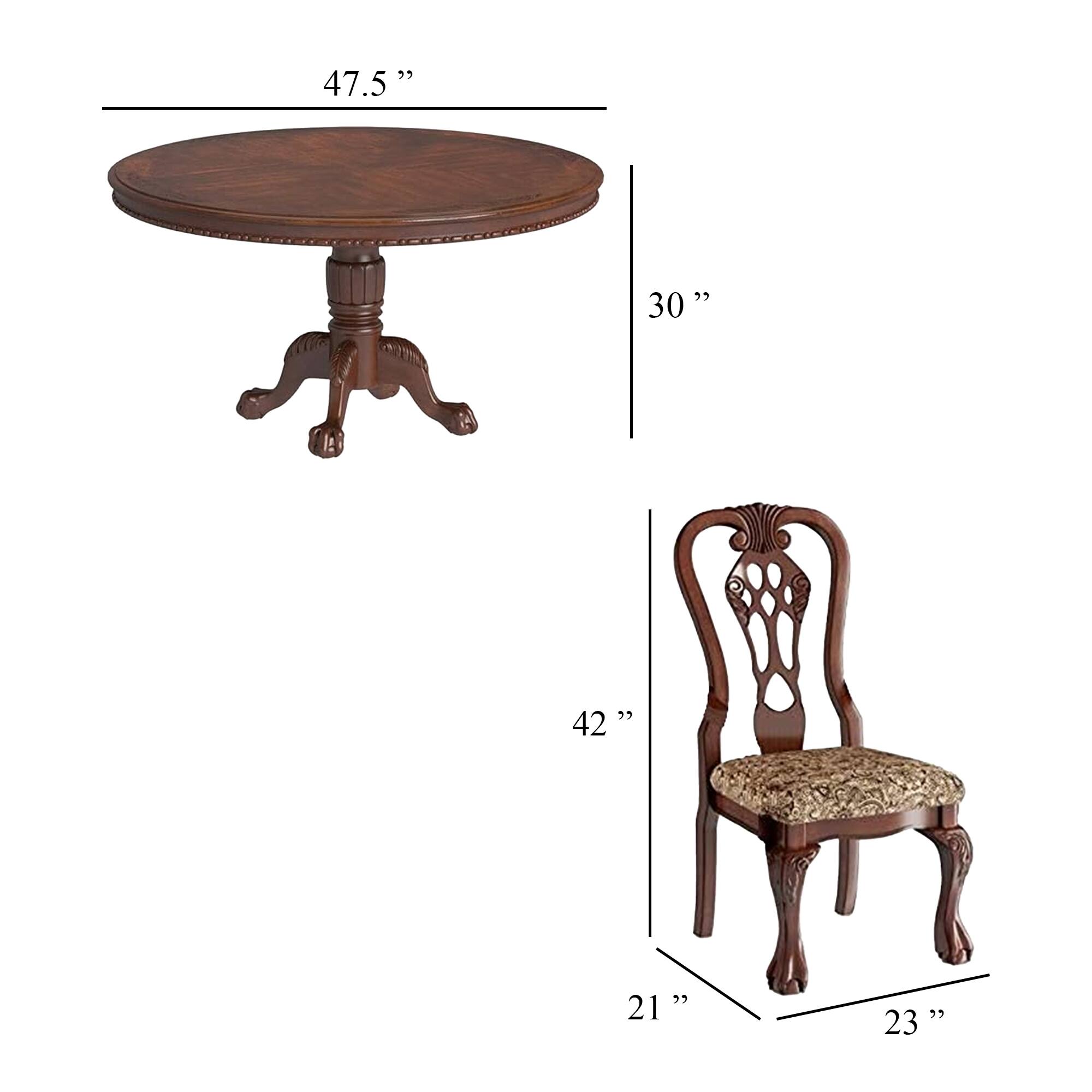 - Table: 47.5" diameter, 30" height
- Chair: 42" height, 21" width, 23" depth