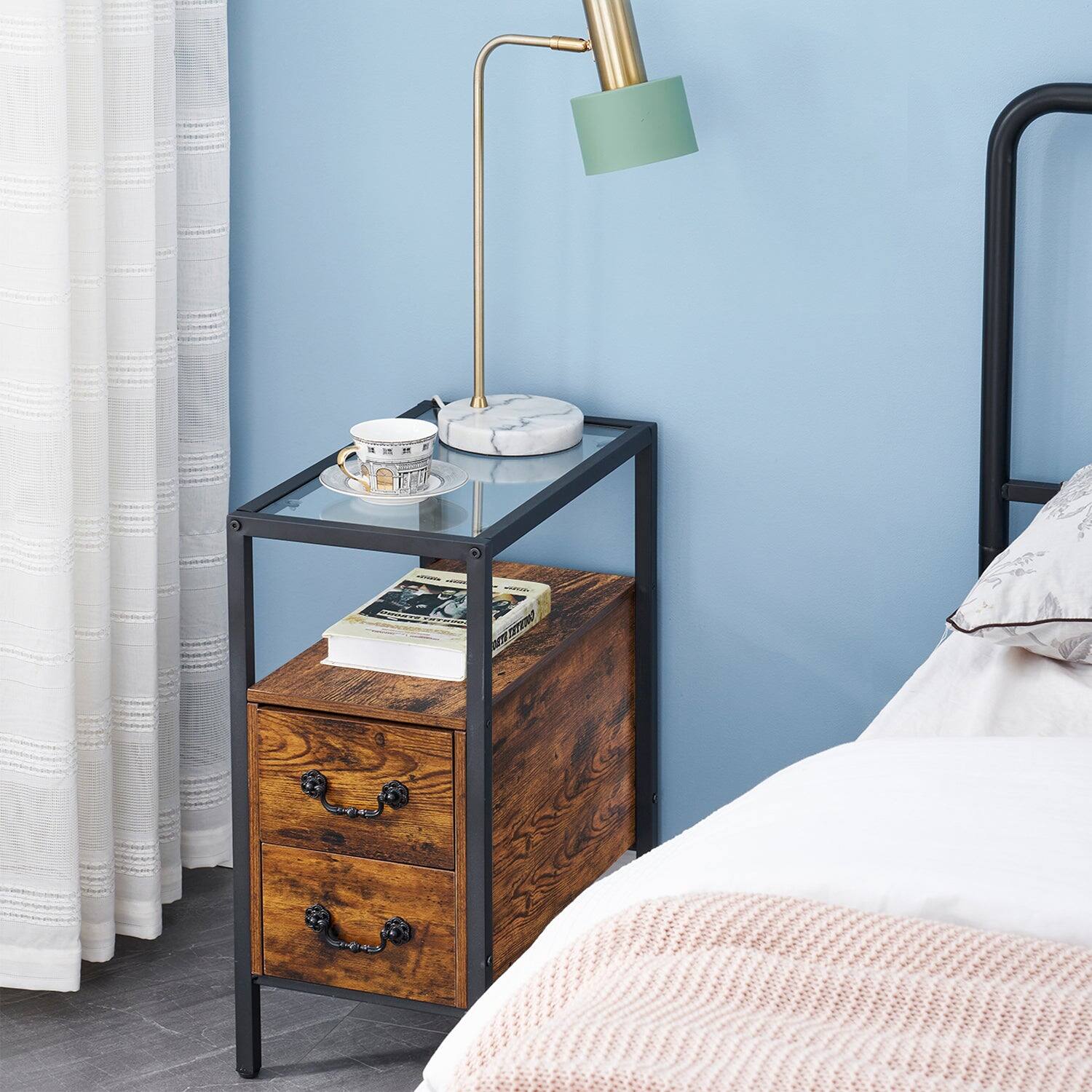 Left. Vecelo - Set of 2 Glass Top Nightstand with Drawer - Narrow End Table with 2 Shelves, 11" Wide Bedside Table for Small Spaces - Brown.