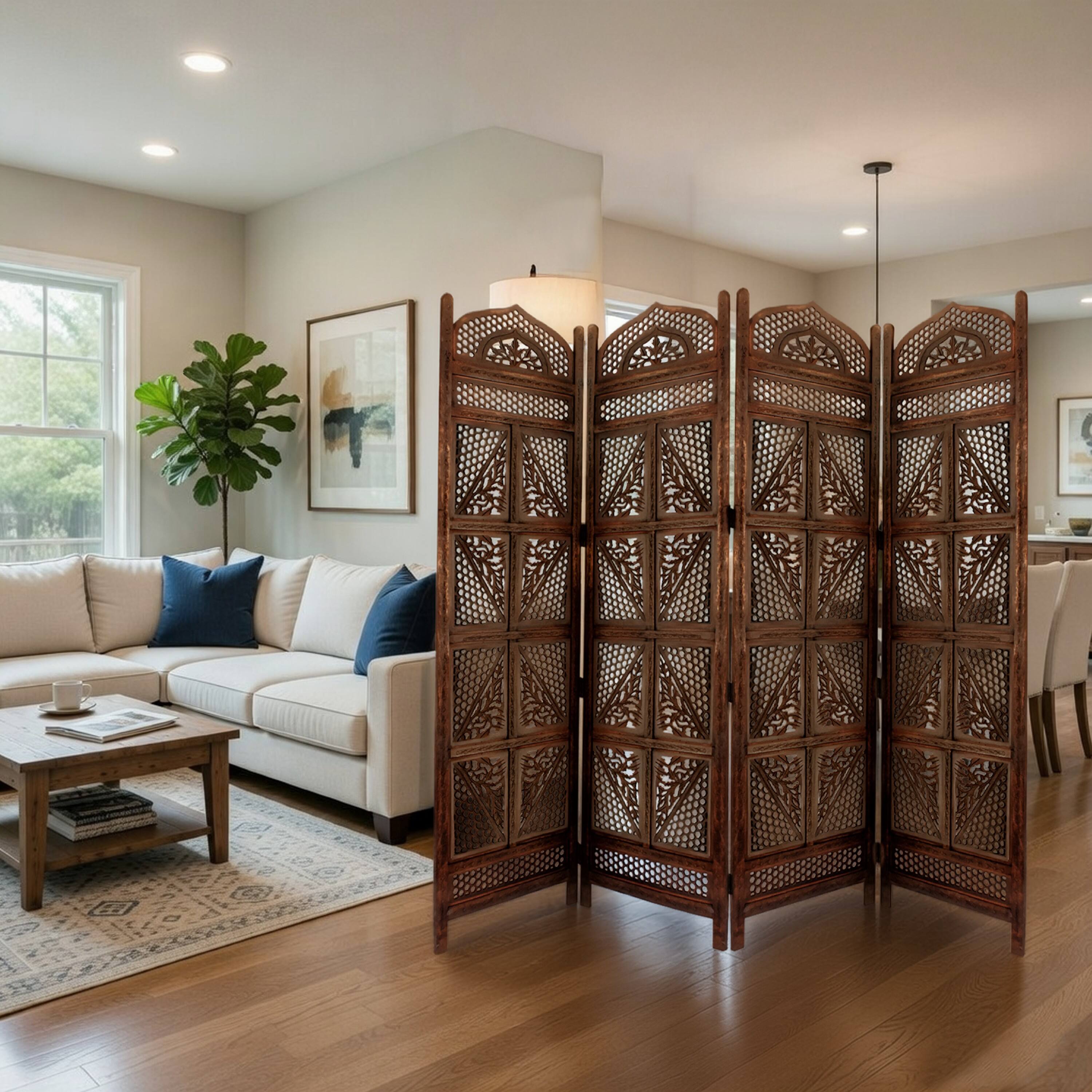 Alt View 8. Manhattan Lane - Traditional Four Panel Wooden Room Divider with Hand Carved Details - Brown.