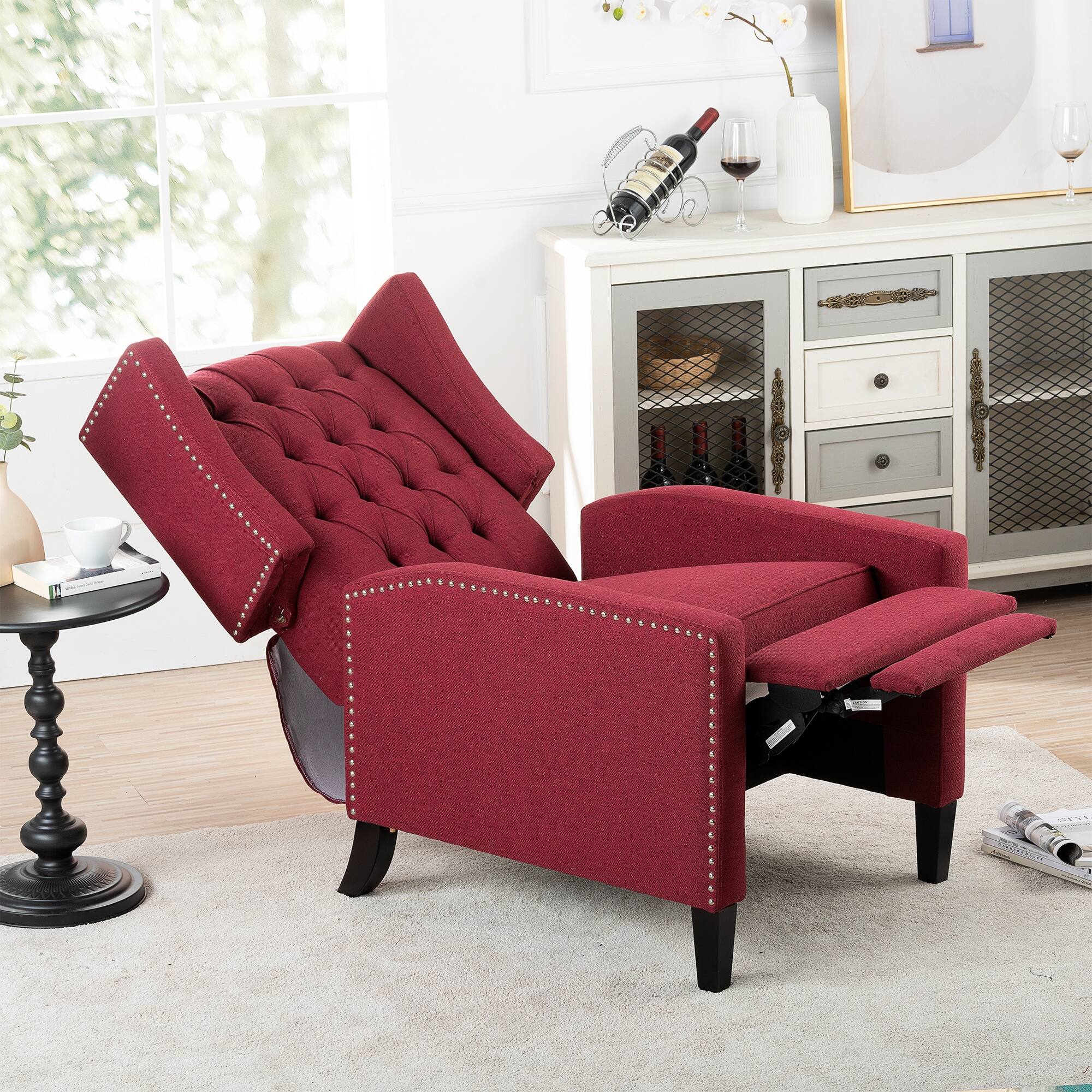 Angle. Boyel Living - Fabric Upholstered Tufted Manual Recliner Chair - Burgundy and Brown.