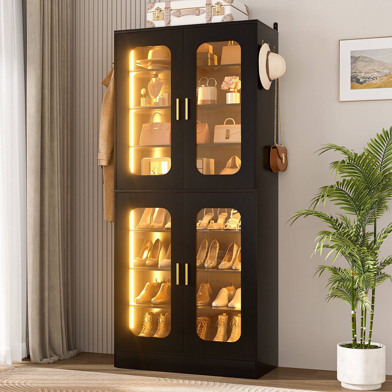 Left. Aheaplus - 8-Tier LED-Lit Cabinet with Adjustable Shelves & 67" Tall Hooks,Space-Saving Organizer for Living Room/Entryway - Black.