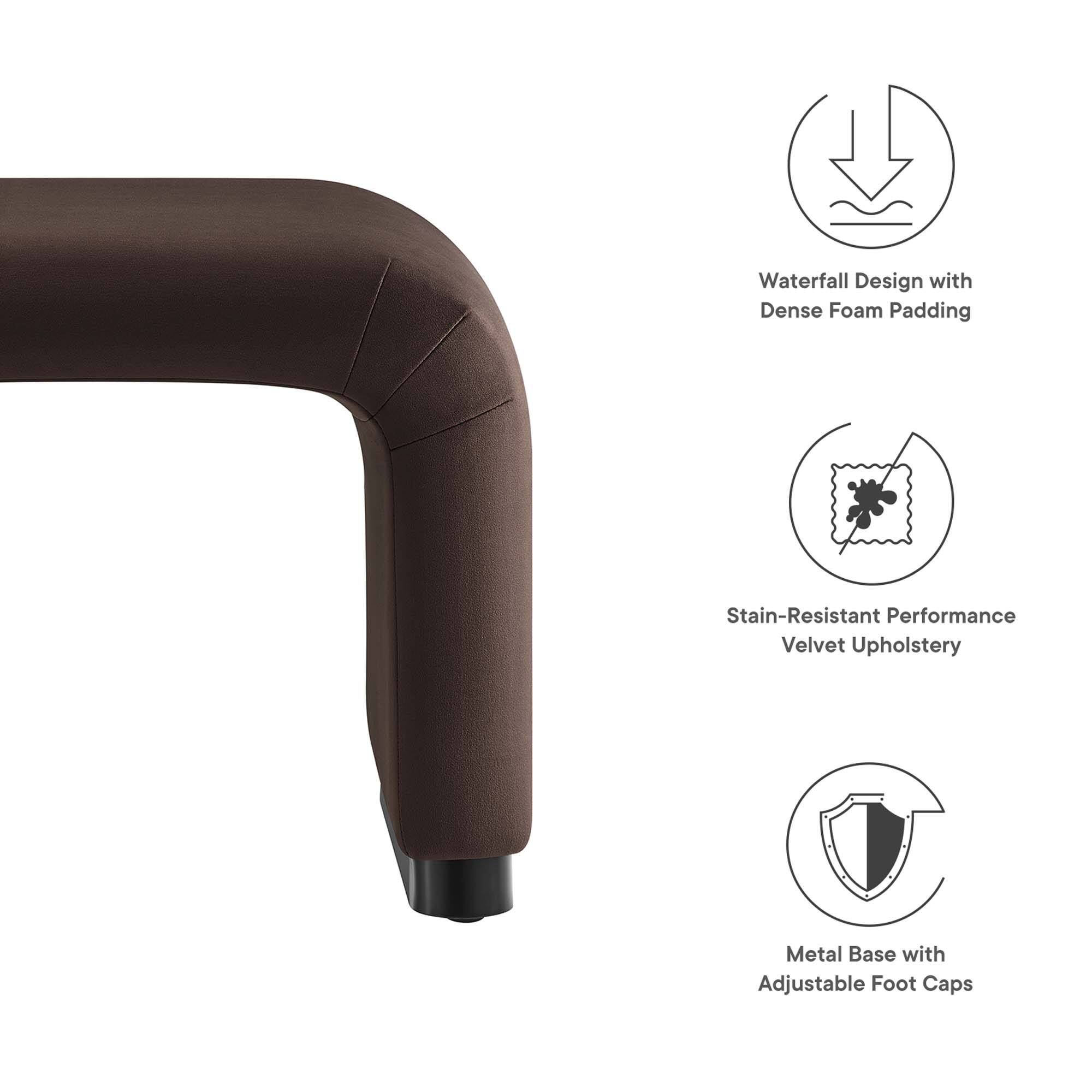 Waterfall Design with Dense Foam Padding  
Stain-Resistant Performance Velvet Upholstery  
Metal Base with Adjustable Foot Caps