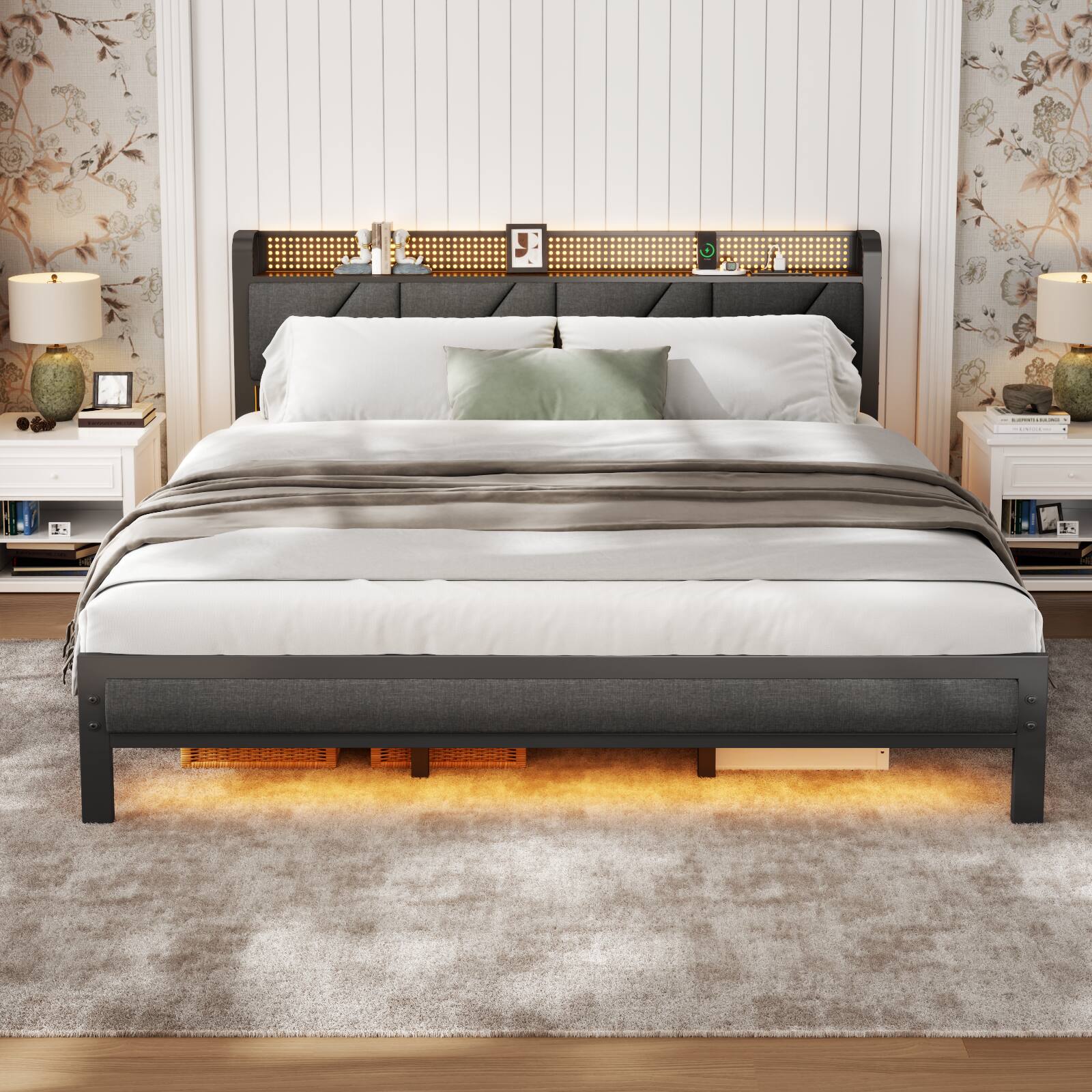 Left. Furnulem - Metal Storage Bed Frame with Upholstered Storage Headboard & Charging Station & RGB LED - Brown.