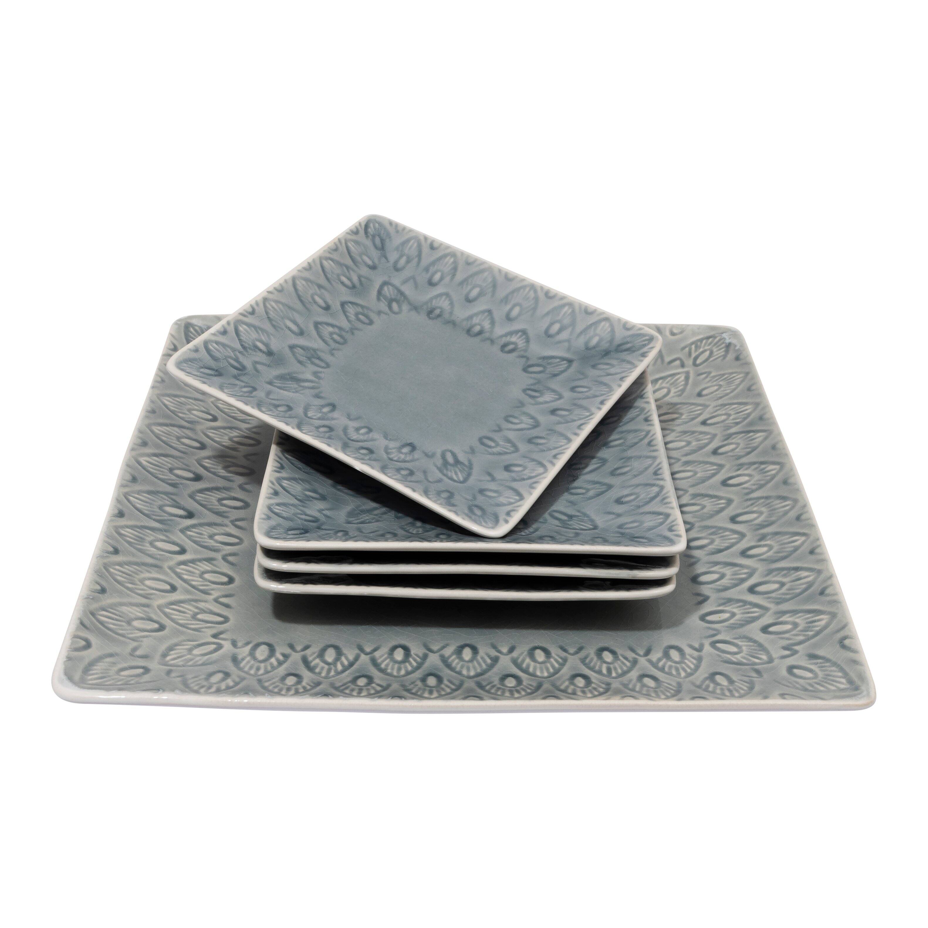 Angle. Euro Ceramica Home - Peacock 5-Piece Square Appetizer Plate Set -- Grey - Grey.