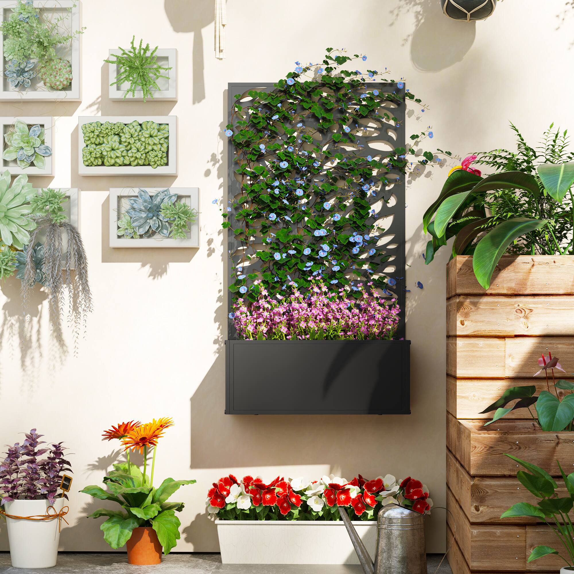 Alt View 1. Outsunny - Garden Bed with Trellis for Climbing Plants, Freestanding or Wall Mounted Flower Bed for Garden - Black.