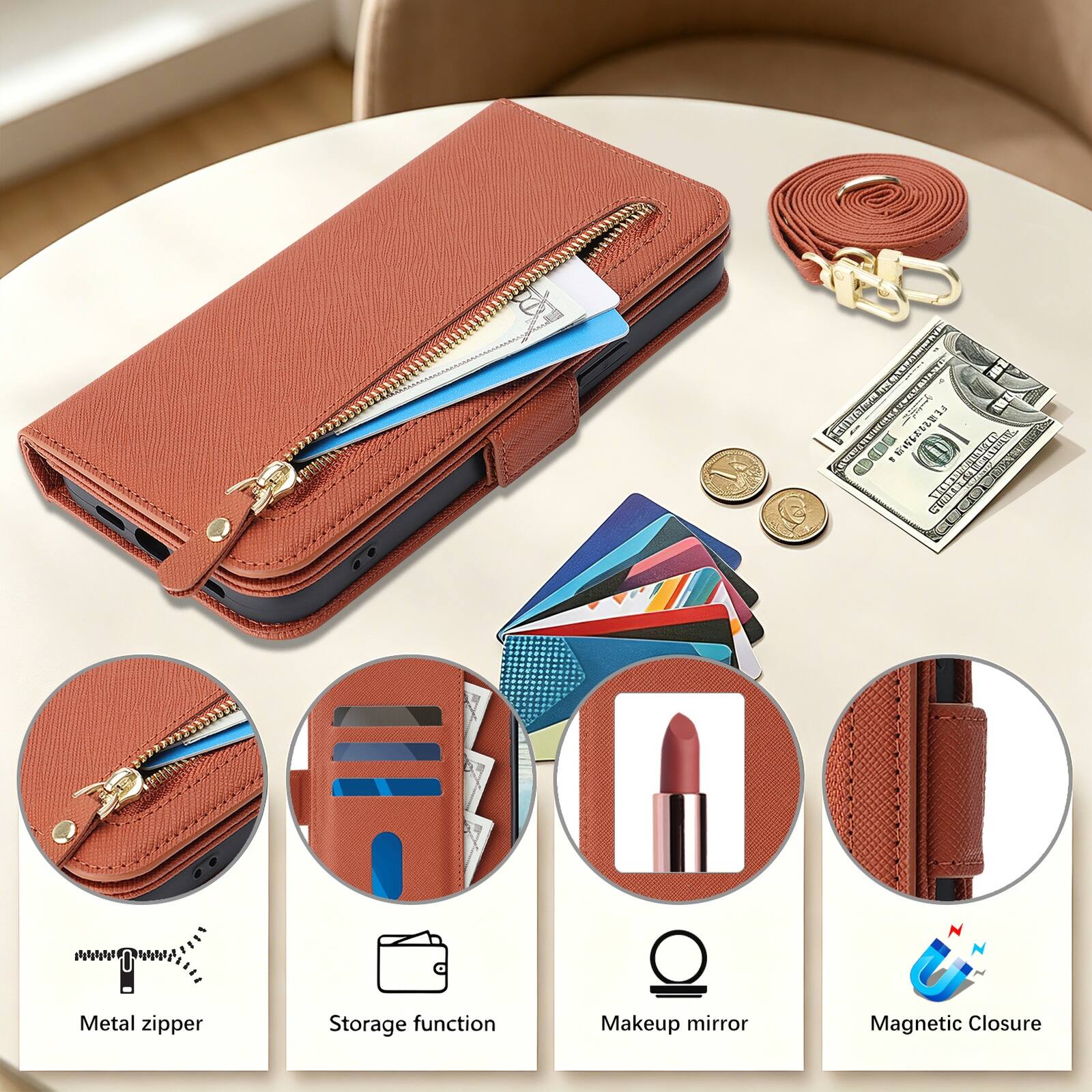 Metal zipper Storage function Makeup mirror Magnetic Closure