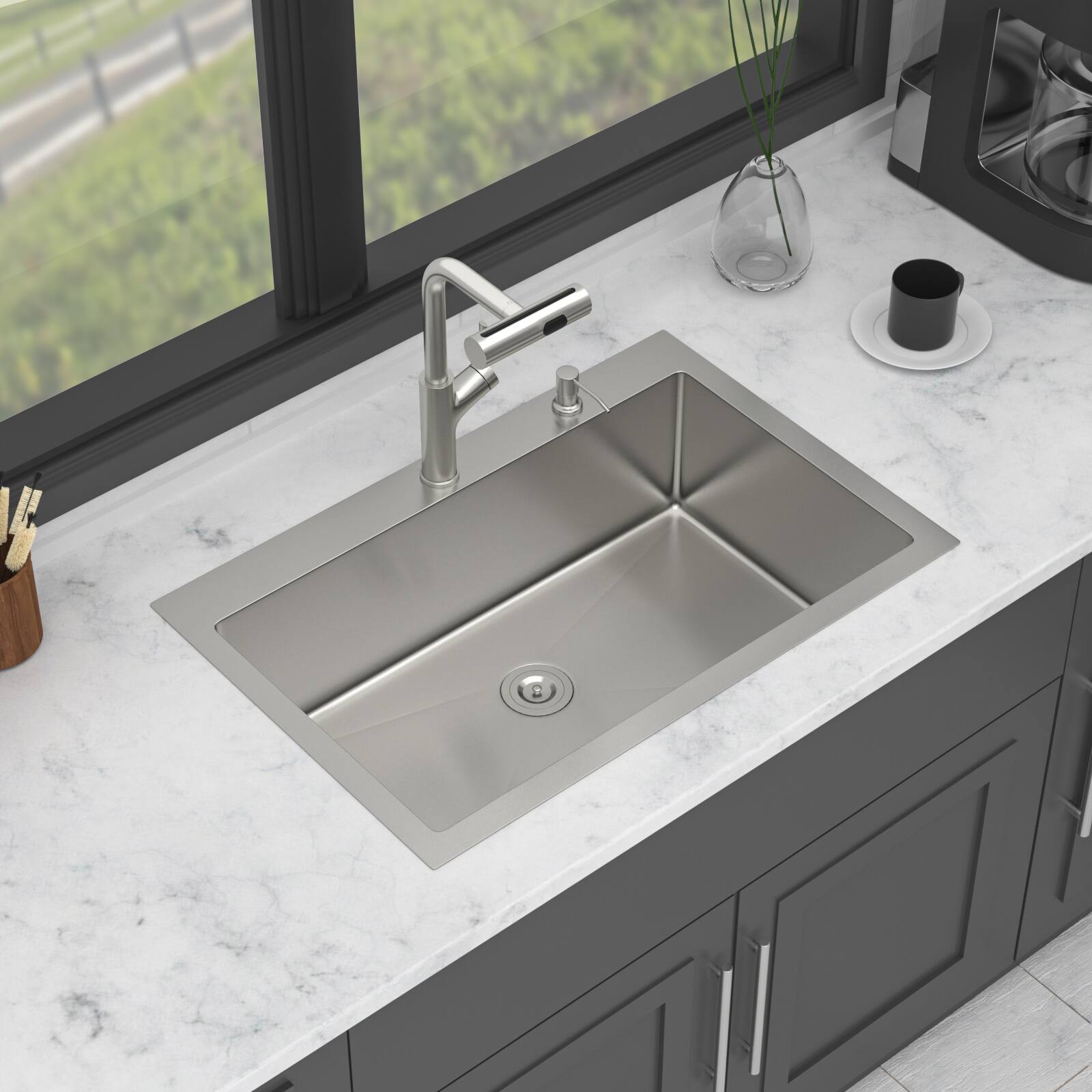 Left. Siljoy - 30" Drop-in Kitchen Sink with Pull-out Faucet and Soap Dispenser Single Bowl 16 Gauge Stainless Steel Topmount Basin - Brushed Nickel.