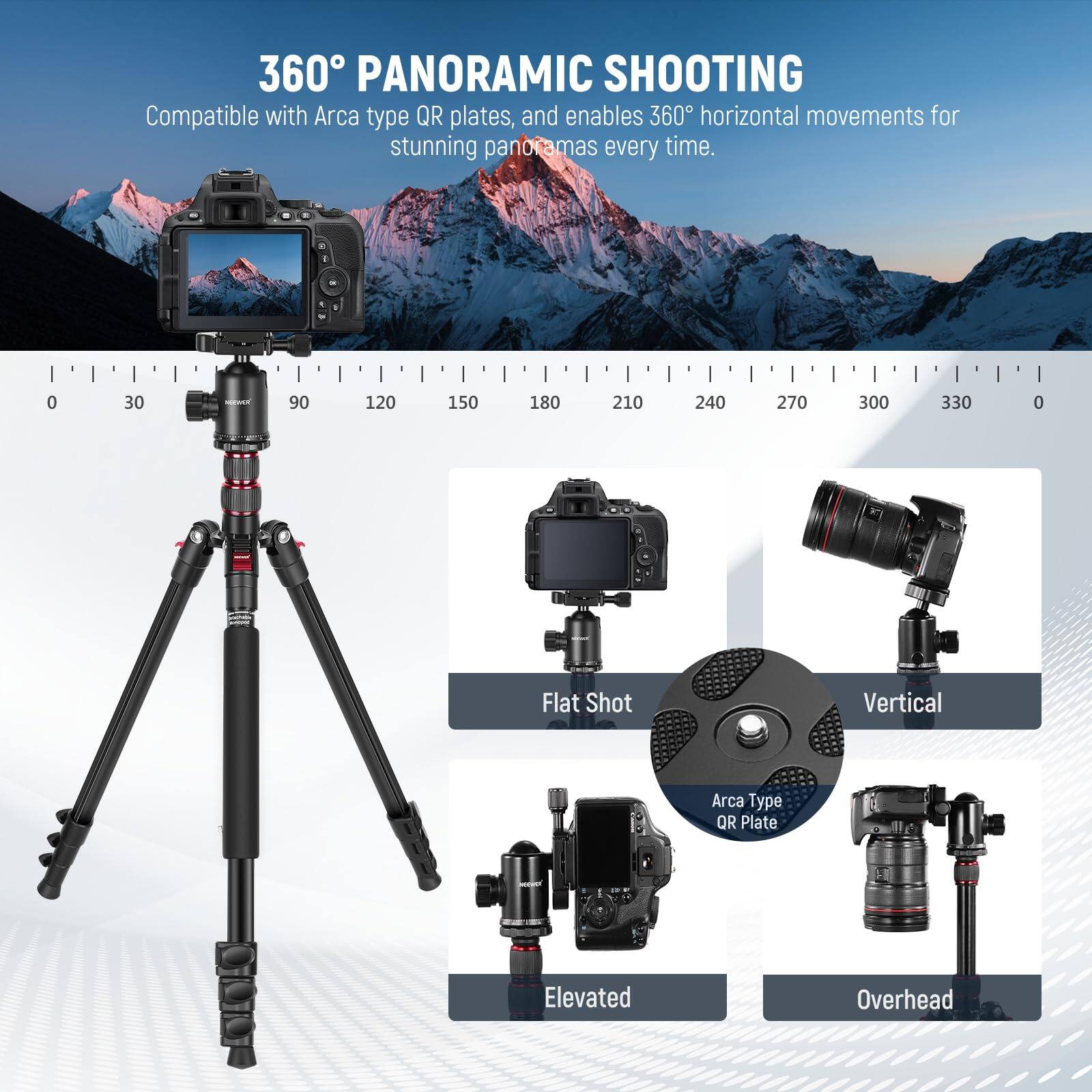 360° PANORAMIC SHOOTING  
Compatible with Arca type QR plates, and enables 360° horizontal movements for stunning panoramas every time.

Flat Shot  
Vertical  
Arca Type QR Plate  
Elevated  
Overhead