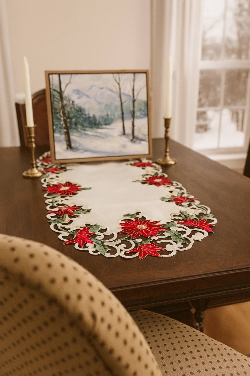 Angle. Jiallo - Christmas Poinsettia Embroidered Cutwork Rectangular Table Runner, 13 by 27 inch Table Linen - Beige.