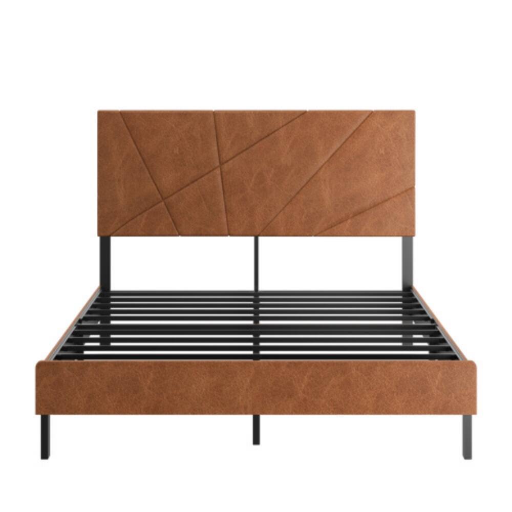 Alt View 3. LUCKY ONE - Queen Size Metal Platform Bed Frame with Upholstered Headboard, Square Design, Under-Bed Storage, No Box Spring Needed - Antique brown.