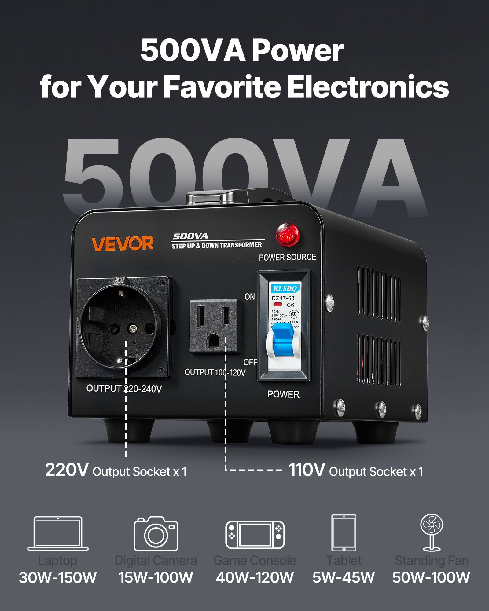 500VA Power for Your Favorite Electronics

500VA SOOVA VEVOR STEP UP & DOWN TRANSFORMER POWER SOURCE

FG-02

ON
KLSDQ DZ47-63 C6 sola 230/400V- OZ cloon -
OFF

OUTPUT 100-120V
OUTPUT 220-240V

POWER
220V Output Socket x 1
110V Output Socket x 1

Laptop Digital Camera Game Console Tablet Standing Fan
30W-150W 15W-100W 40W-120W 5W-45W 50W-100W