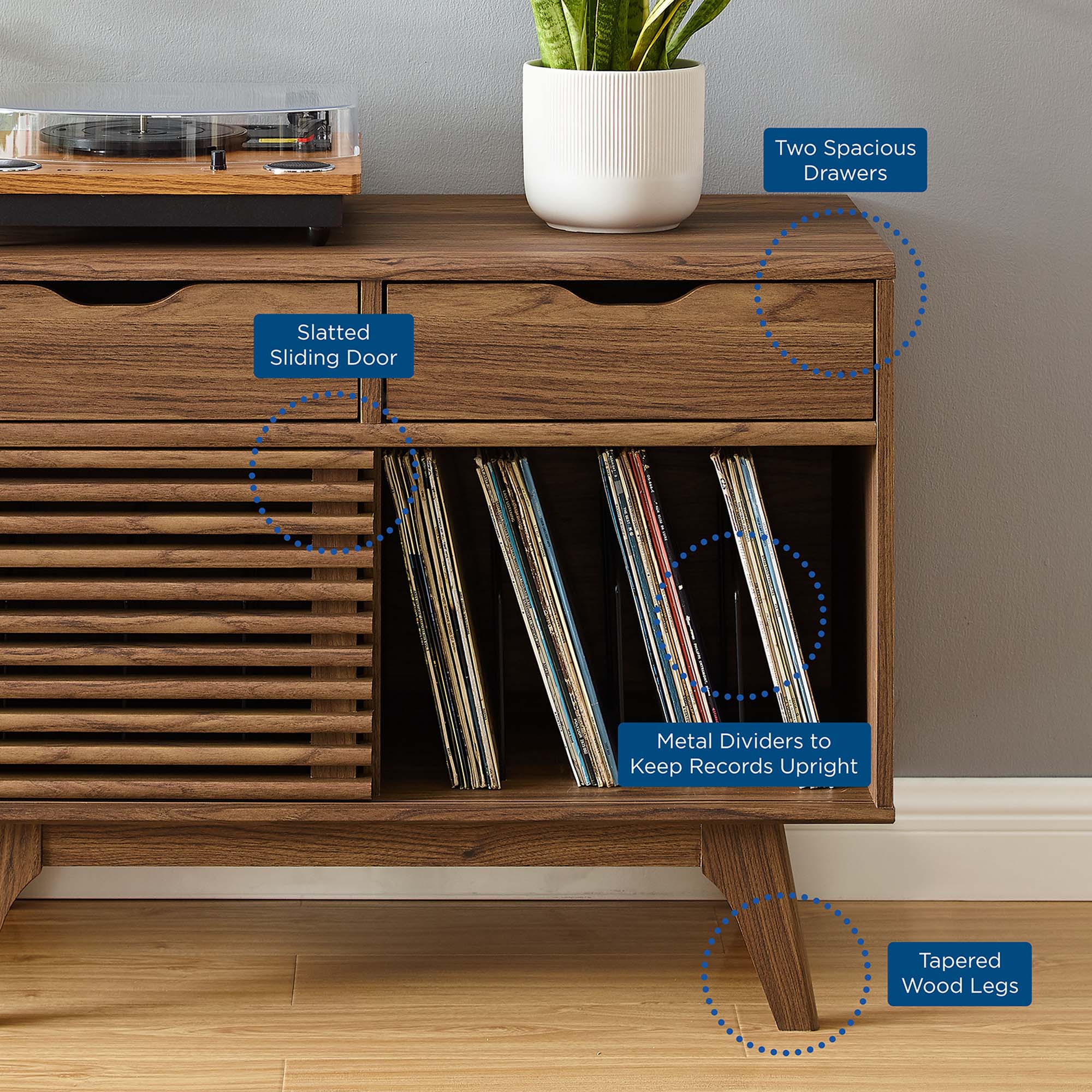 - Two Spacious Drawers
- Slatted Sliding Door
- Metal Dividers to Keep Records Upright
- Tapered Wood Legs
