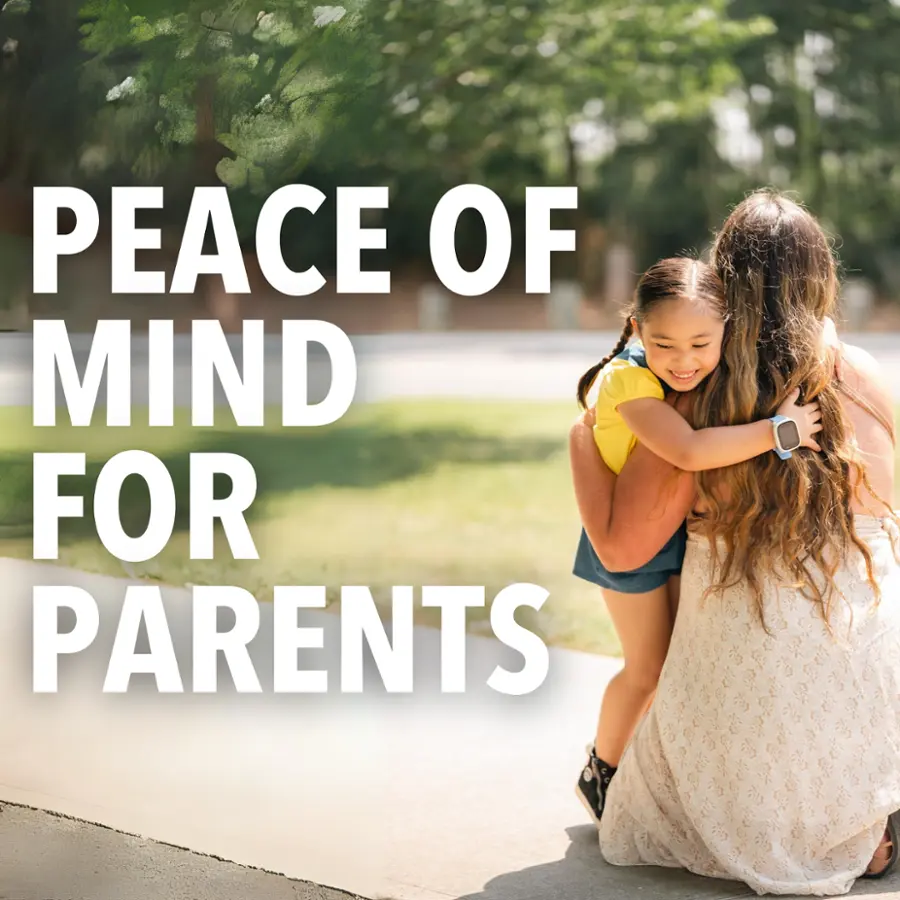 The image features a woman and a child hugging each other, with the woman holding the child. The woman is wearing a dress, and the child is wearing a yellow shirt. The scene conveys a sense of love and bonding between the two, which could be interpreted as "Peace of Mind for Parents."