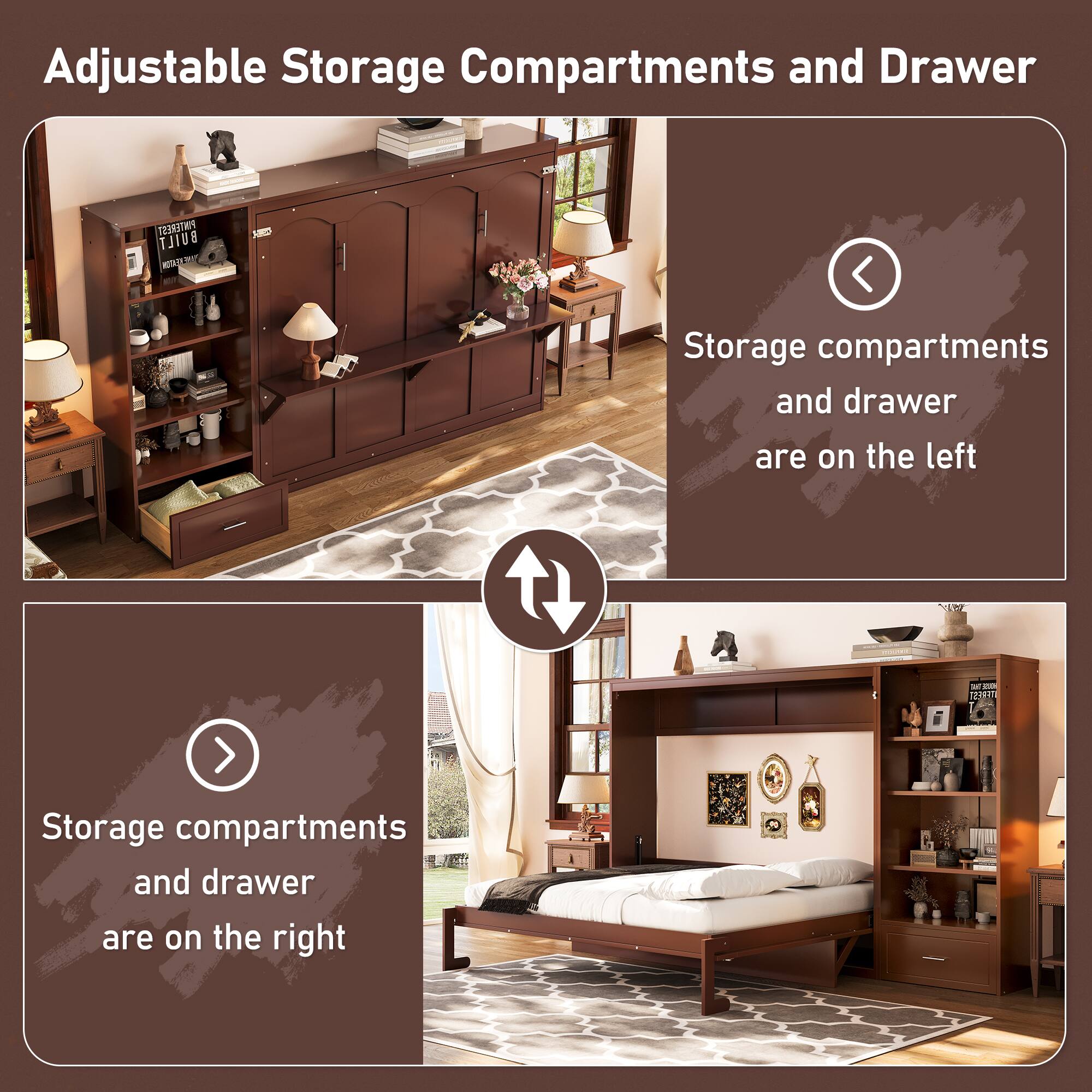 Adjustable Storage Compartments and Drawer

Storage compartments and drawer are on the left

Storage compartments and drawer are on the right