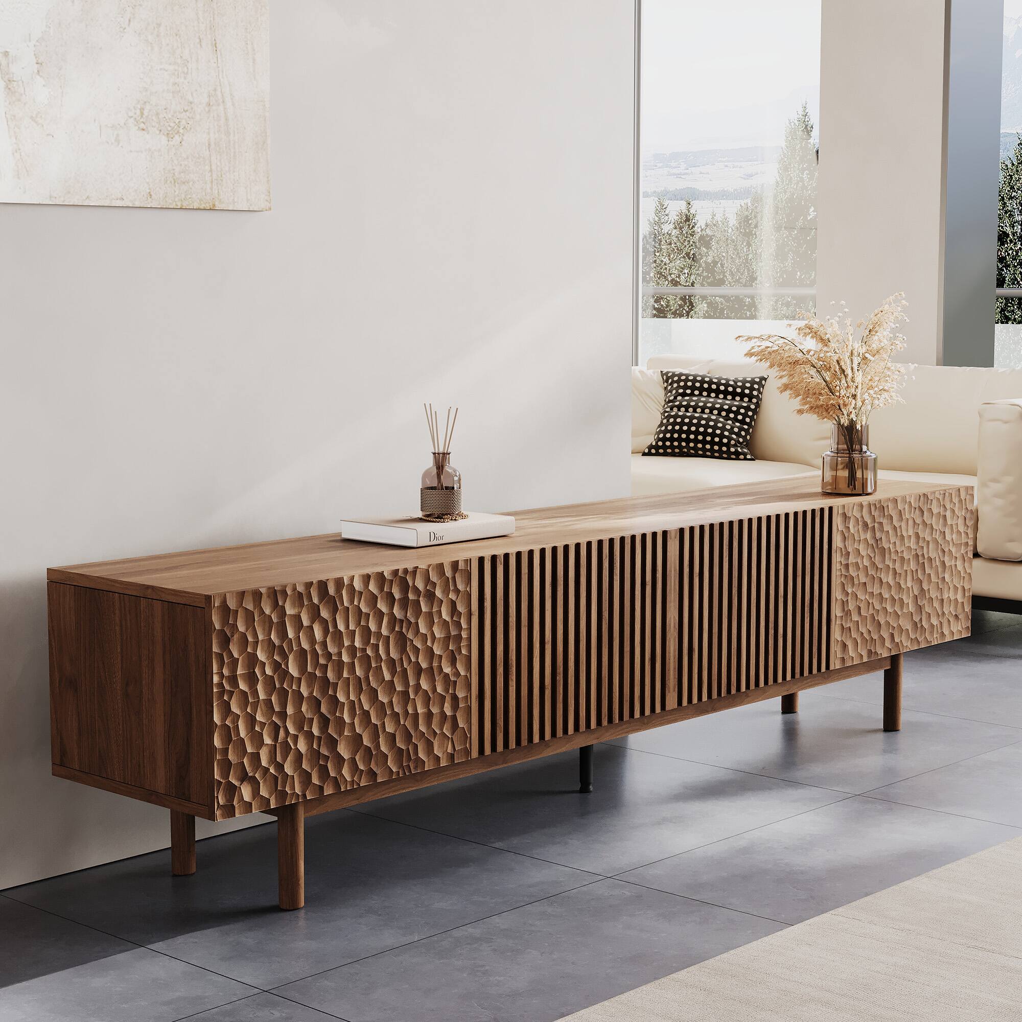 Alt View 2. luck idea - 86.61" TV Stand and Media Console & Entertainment Centers with Large Storage Space - Walnut Color.