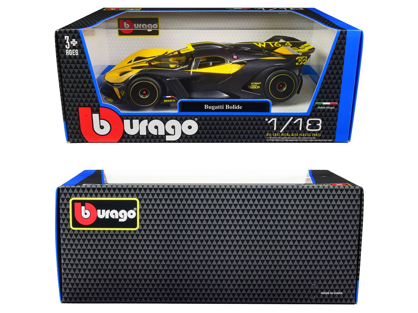3+ AGES  
burago  
WIG.4  
CA DABALD CARSON EPSALT  
Bugatti Bolide  
d burago  
Maliane  
DAtER 1/18  
D1E LAST MEIAL AITE PLRSTIG  
PARIS - B  
- - - - - eO - I - - .. - - - - -  
ada  
- d urago  
1 MADE IN CHINA