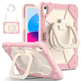 Dteck - Case for Apple iPad 11"(A16 chip 2025) and iPad 10.9" (10th Gen), 3-Layer Rugged Kickstand Handle Grip Cover+Strap - Rosegold